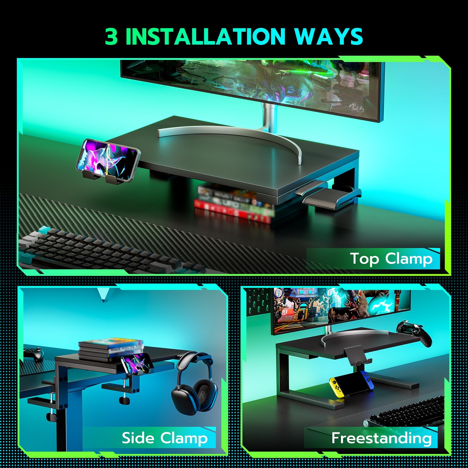 ARES WING Desk Shelf Extender, 15 inches 3 in 1 Clamp on 15“, Black
