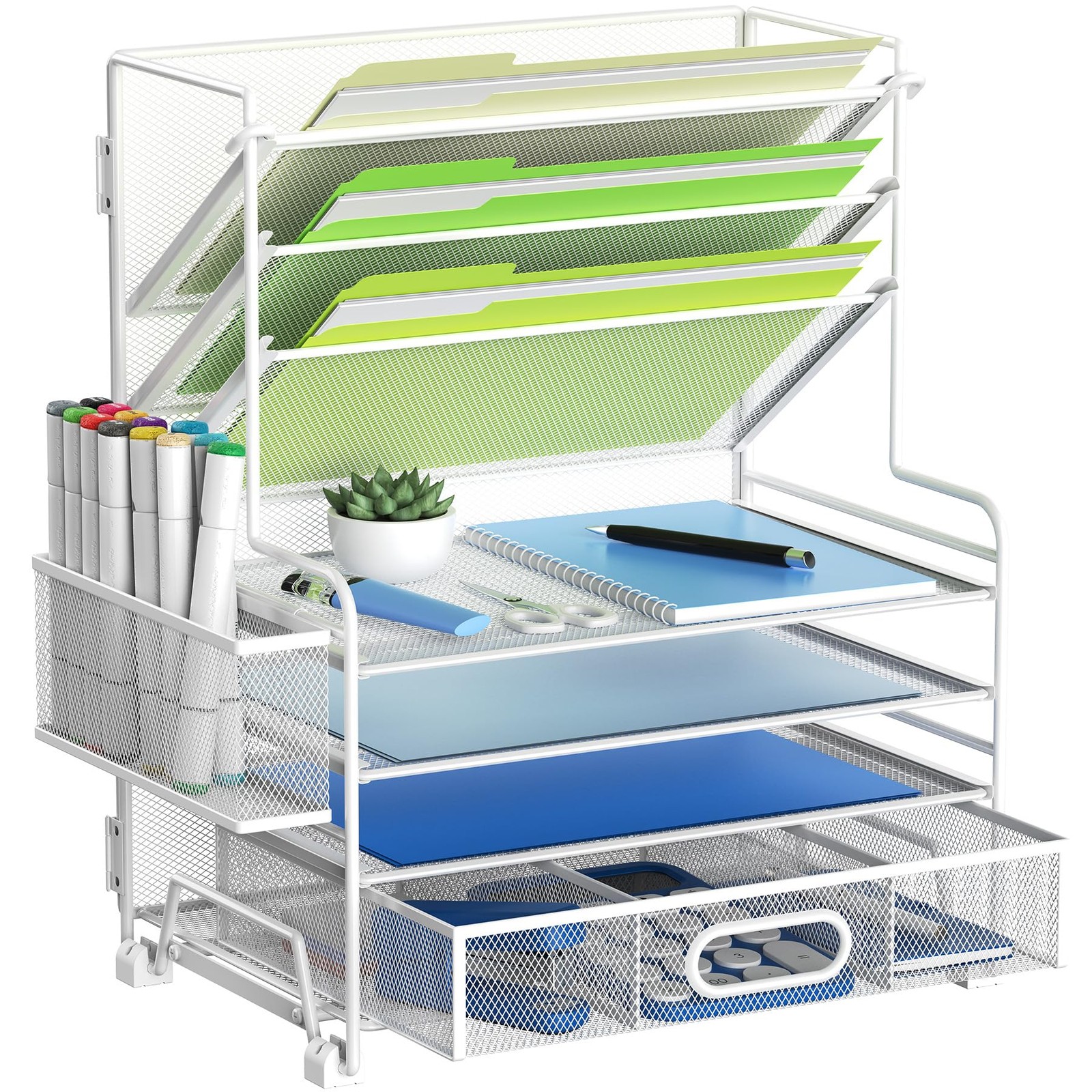 MINDEPOT 4~Tier Paper Organizer with Drawer & Pen Holder, White