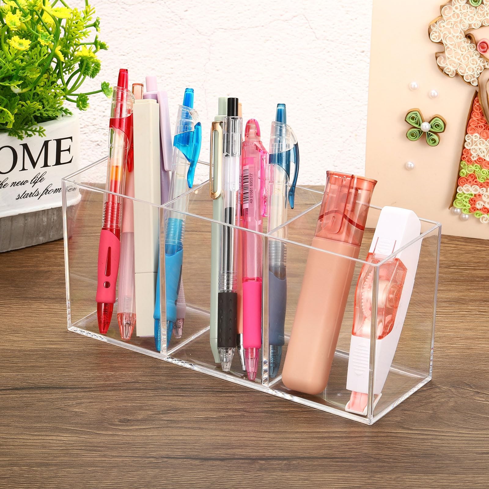 PATIKIL 3 Compartments Clear Acrylic Pen Holder, 70 x 70 x 103mm, Transparent