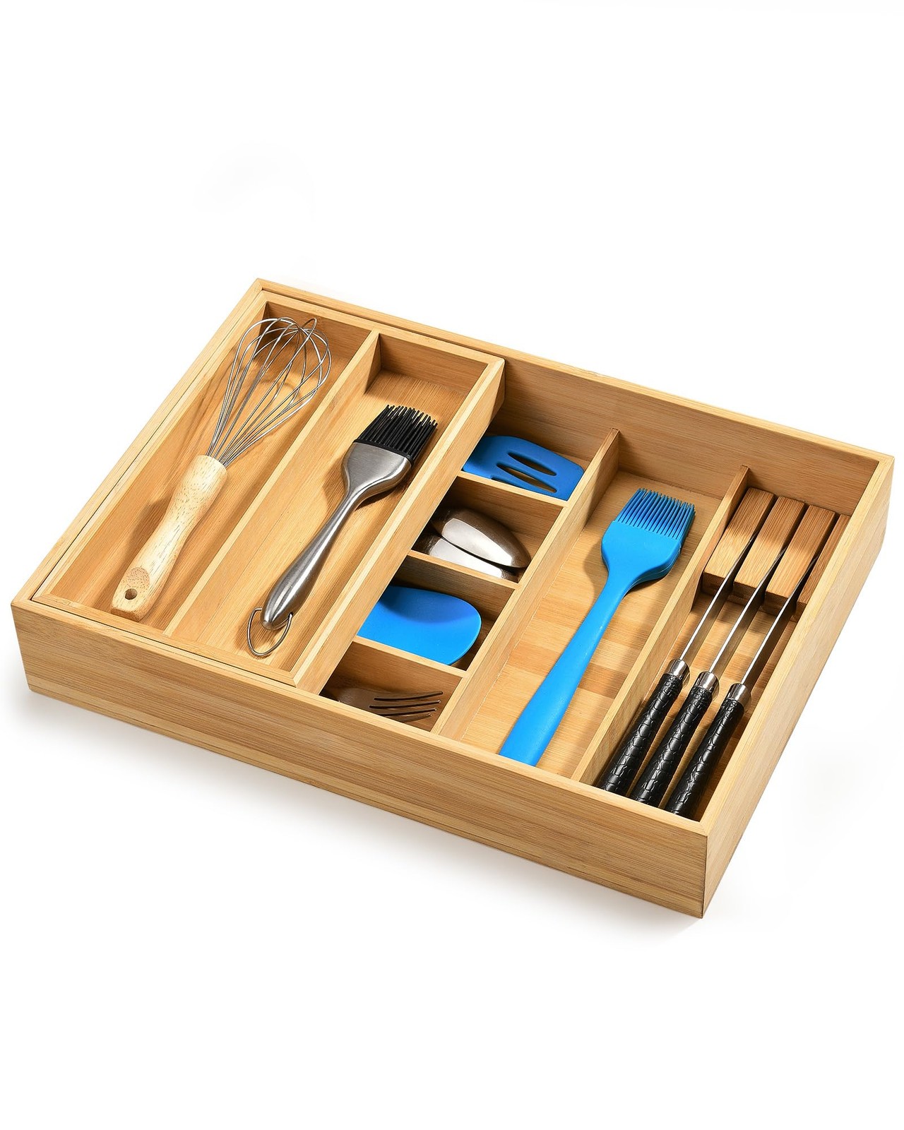 HULISEN Double Layer Bamboo Utensil Drawer Organizer, 2 Tier Silverware Wood