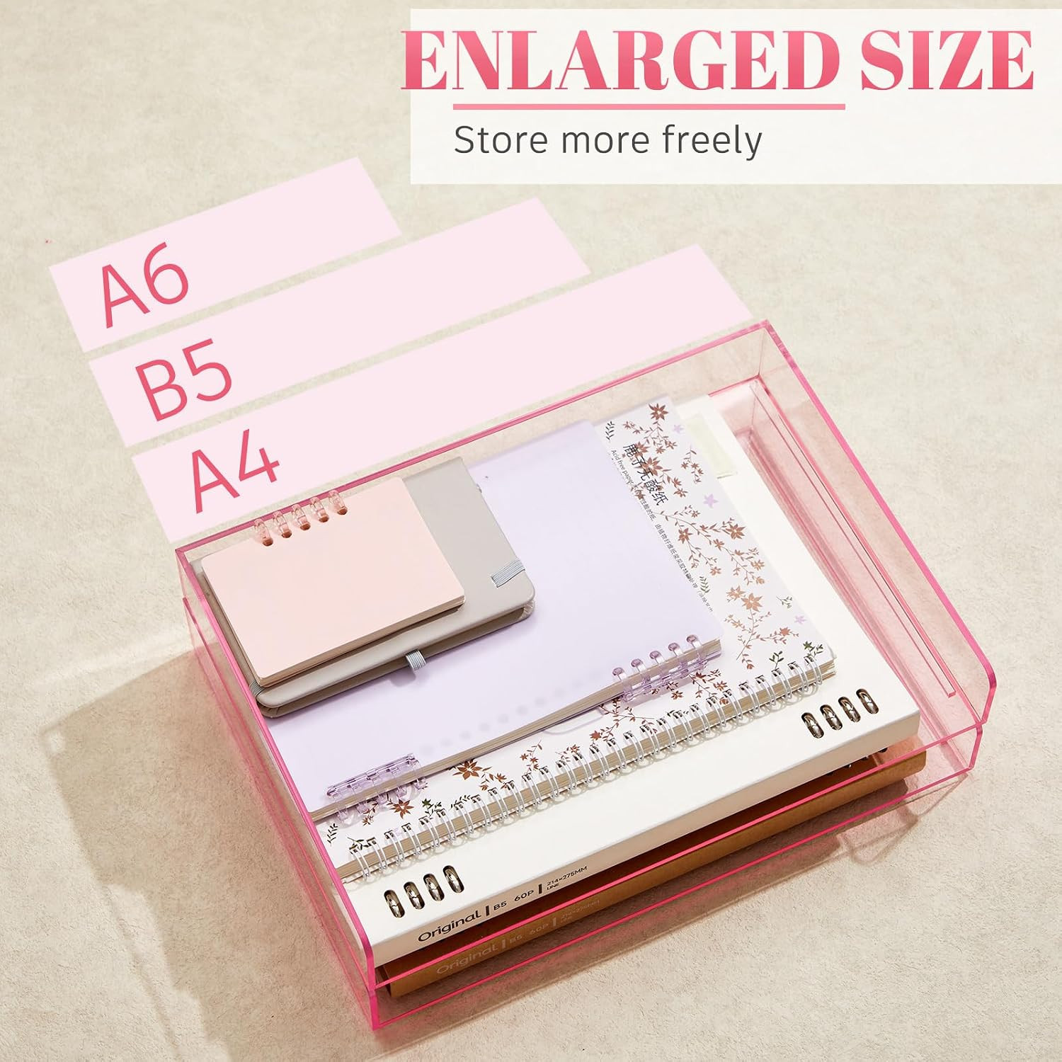 4 Tier Clear Hot Pink Acrylic Paper Organizer Letter Tray, Aesthetic Stackable L