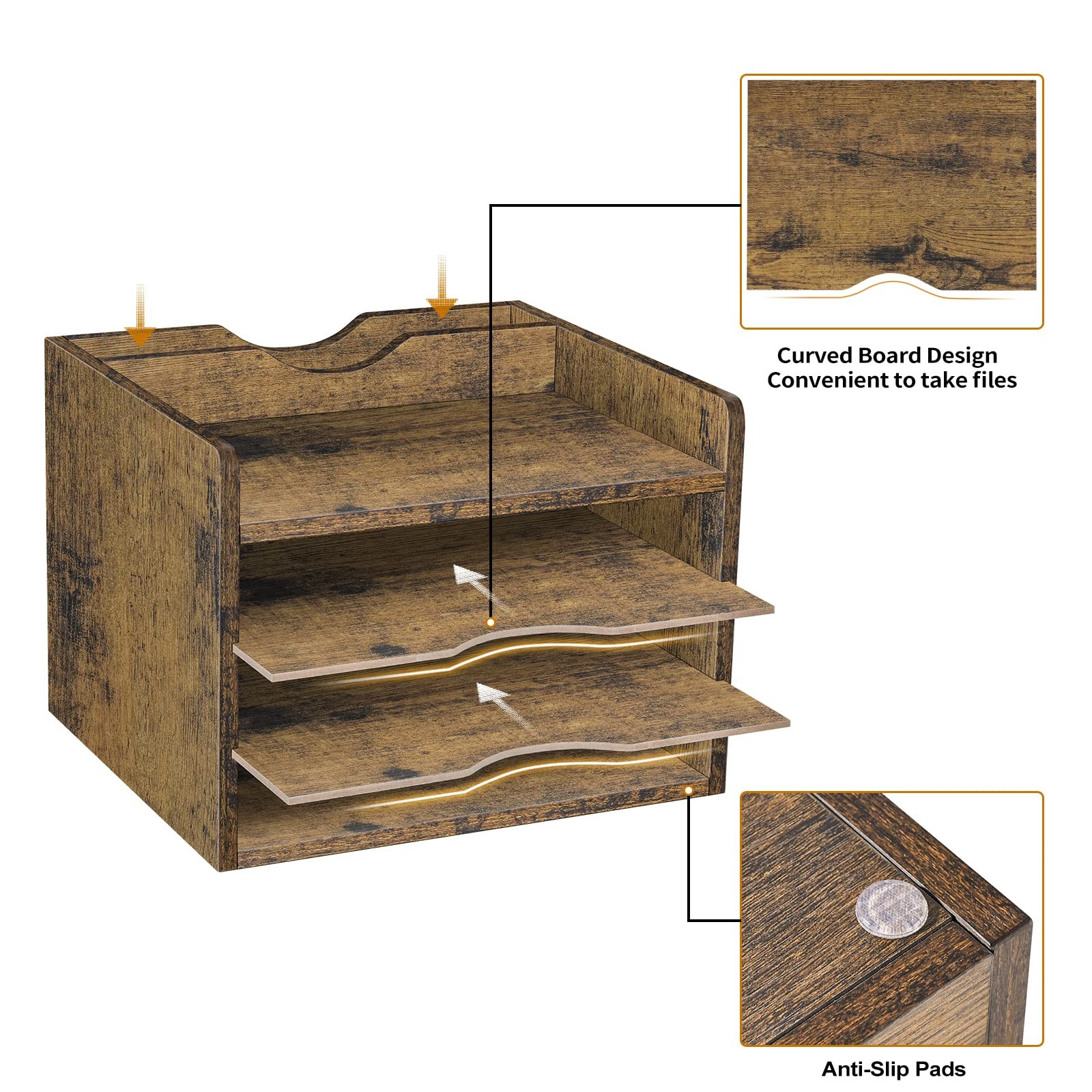 Vintage Wood Desktop File Organizer, 3Tier Paper Mail Tray, Rustic Brown