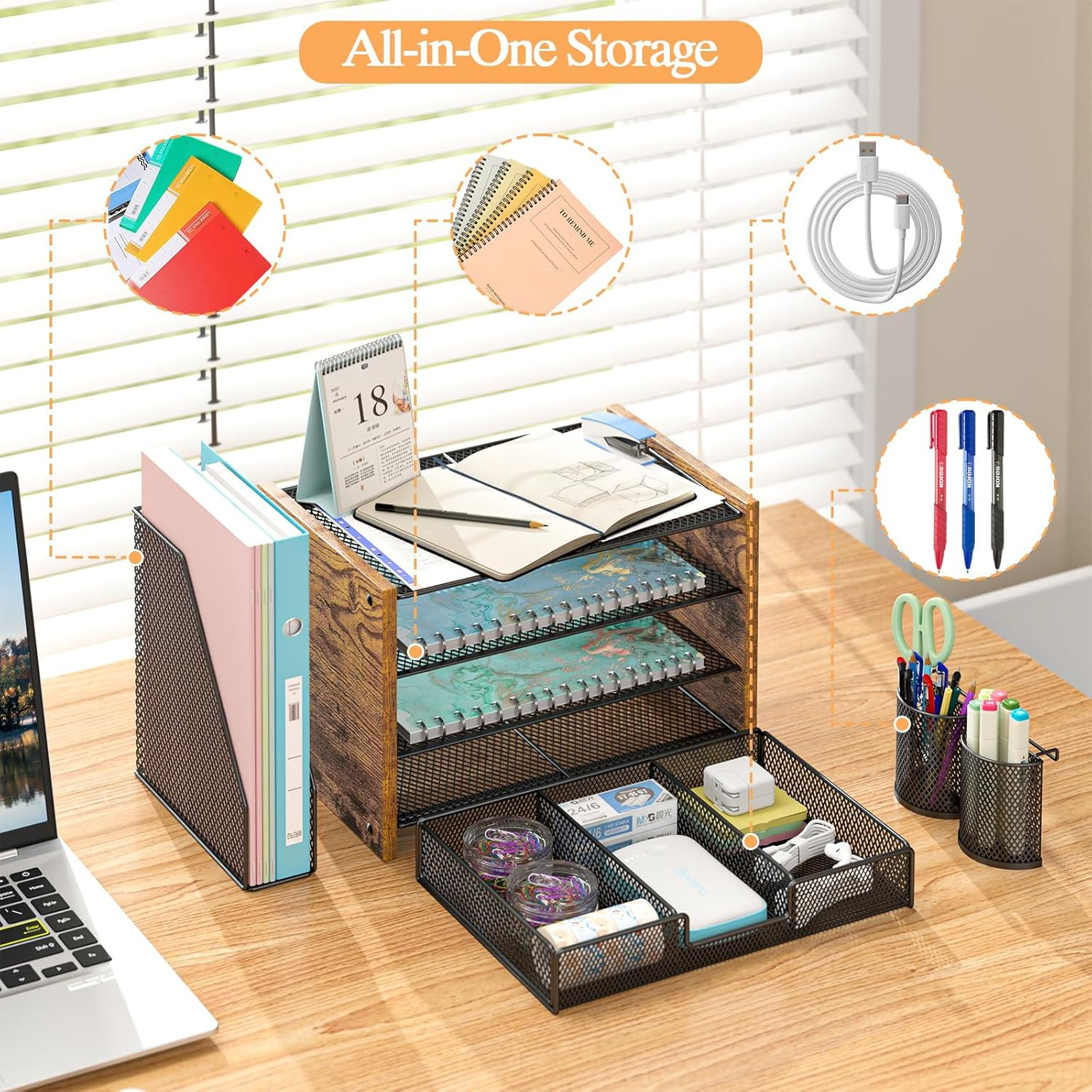 Wooden Desk Organizers Accessories File Holder 4-Tier Paper File Organizer Home
