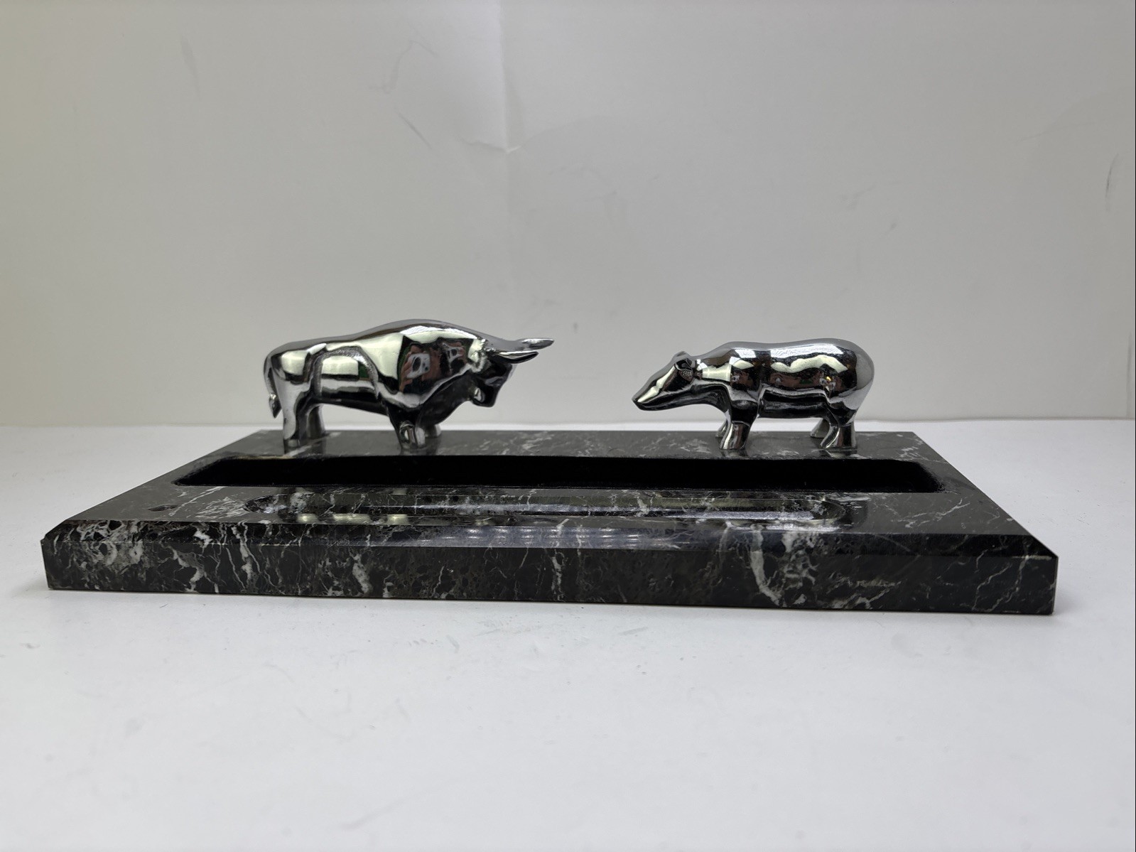Wall Street Black Marble Bull and Bear Desk Organizer by Bey Berk International