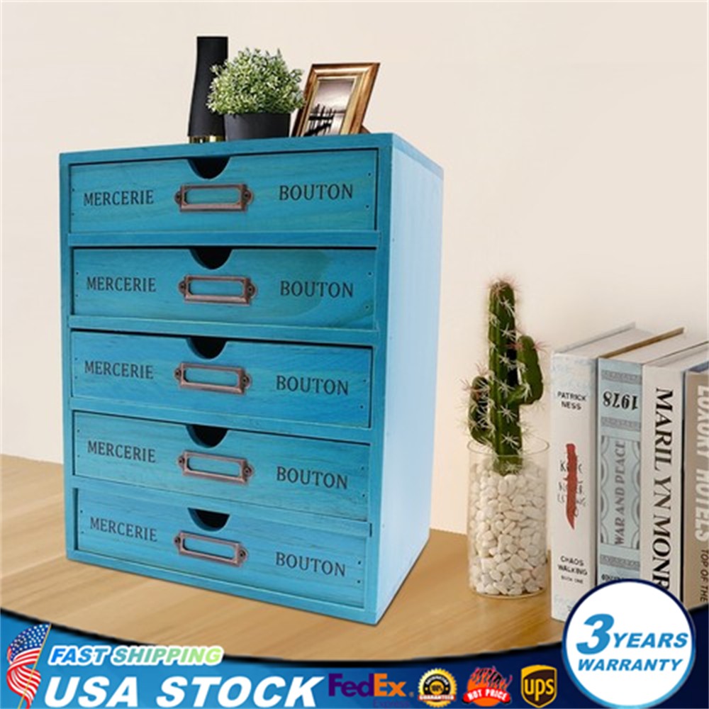 5-Tier Vintage Drawer Cabinet Desk Organizer Box Wood Desktop File Drawer