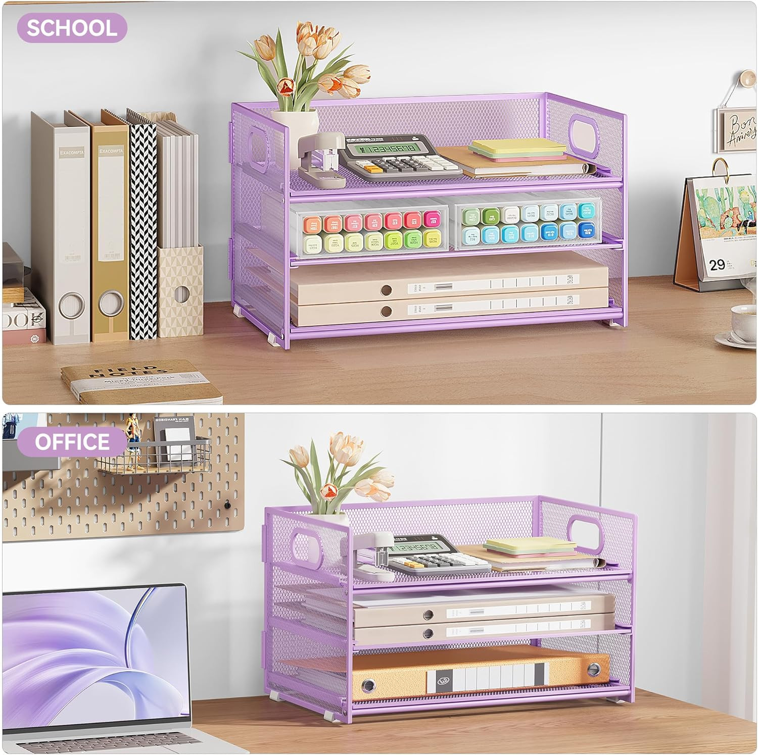 3 Tier Letter Tray Paper Organizer with Handle and 1 PC Sliding Tray, Purple Met
