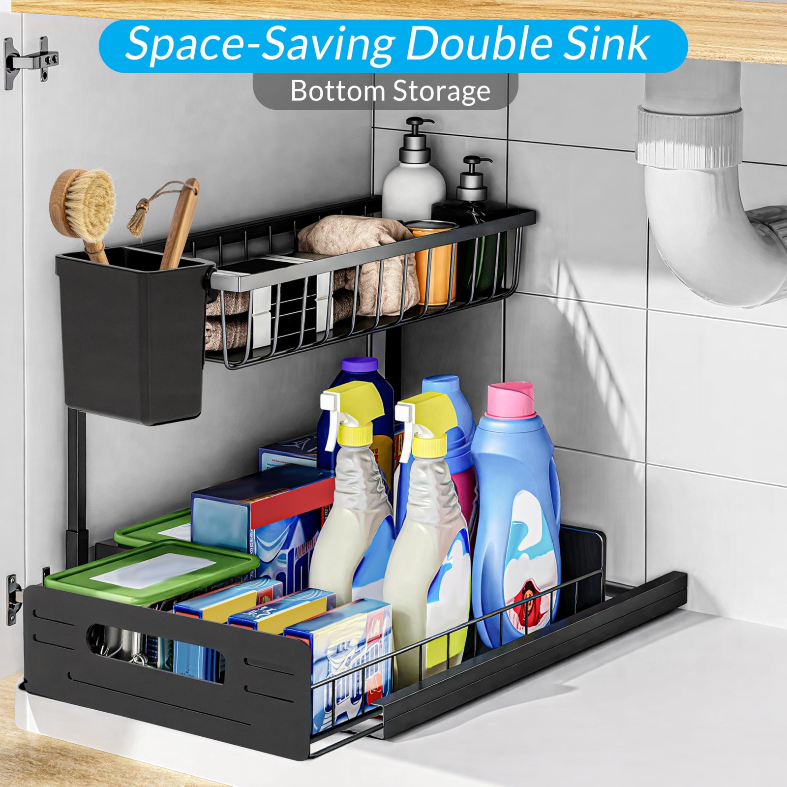 Under Sink Organizer 2 Tier with Slide-Out Drawer and Brush Holder (1) Black