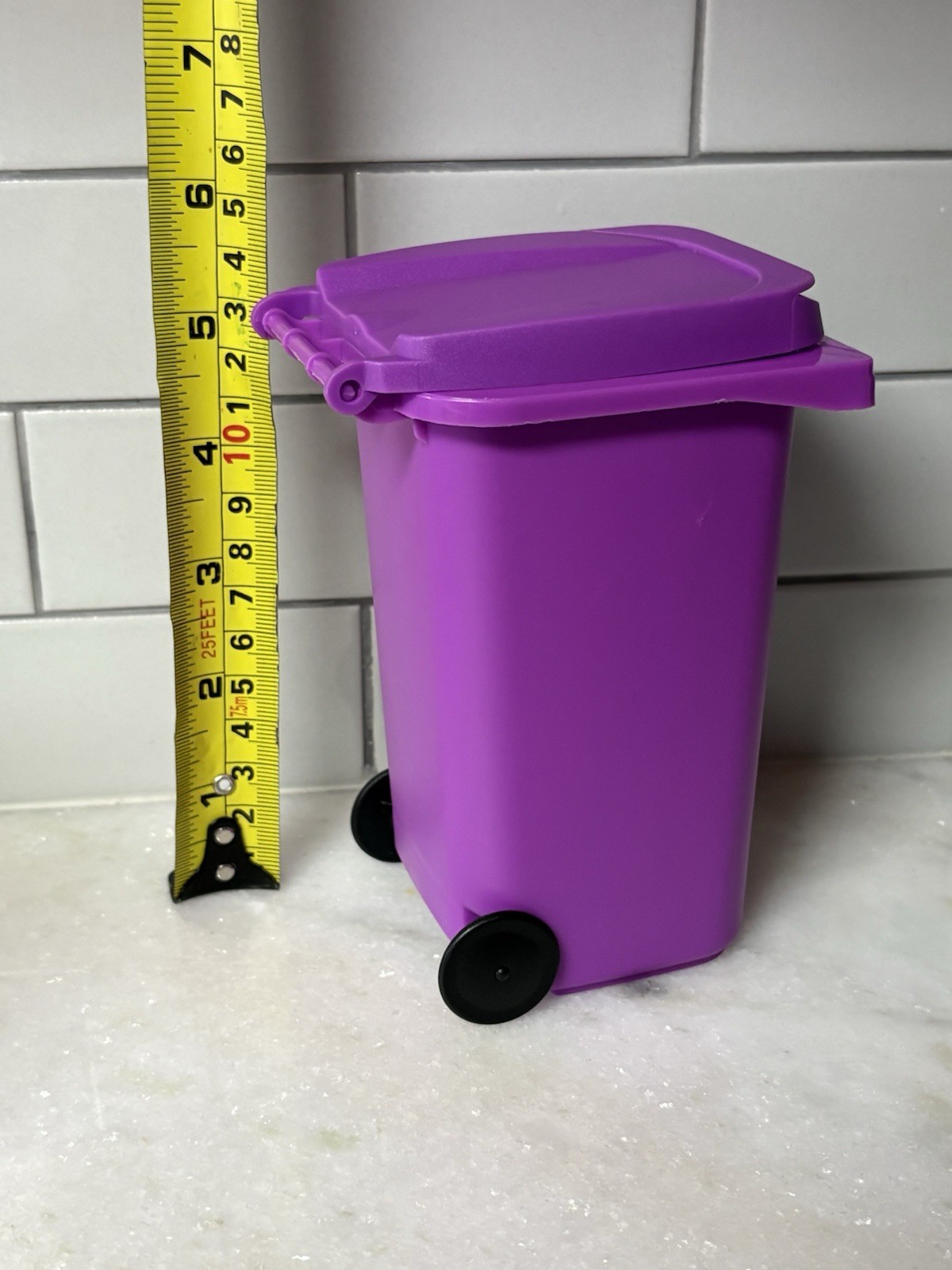 Mini Purple Wheelie Trash Can Recycling Bin Desk Pen Pencil Holder Toy Organizer