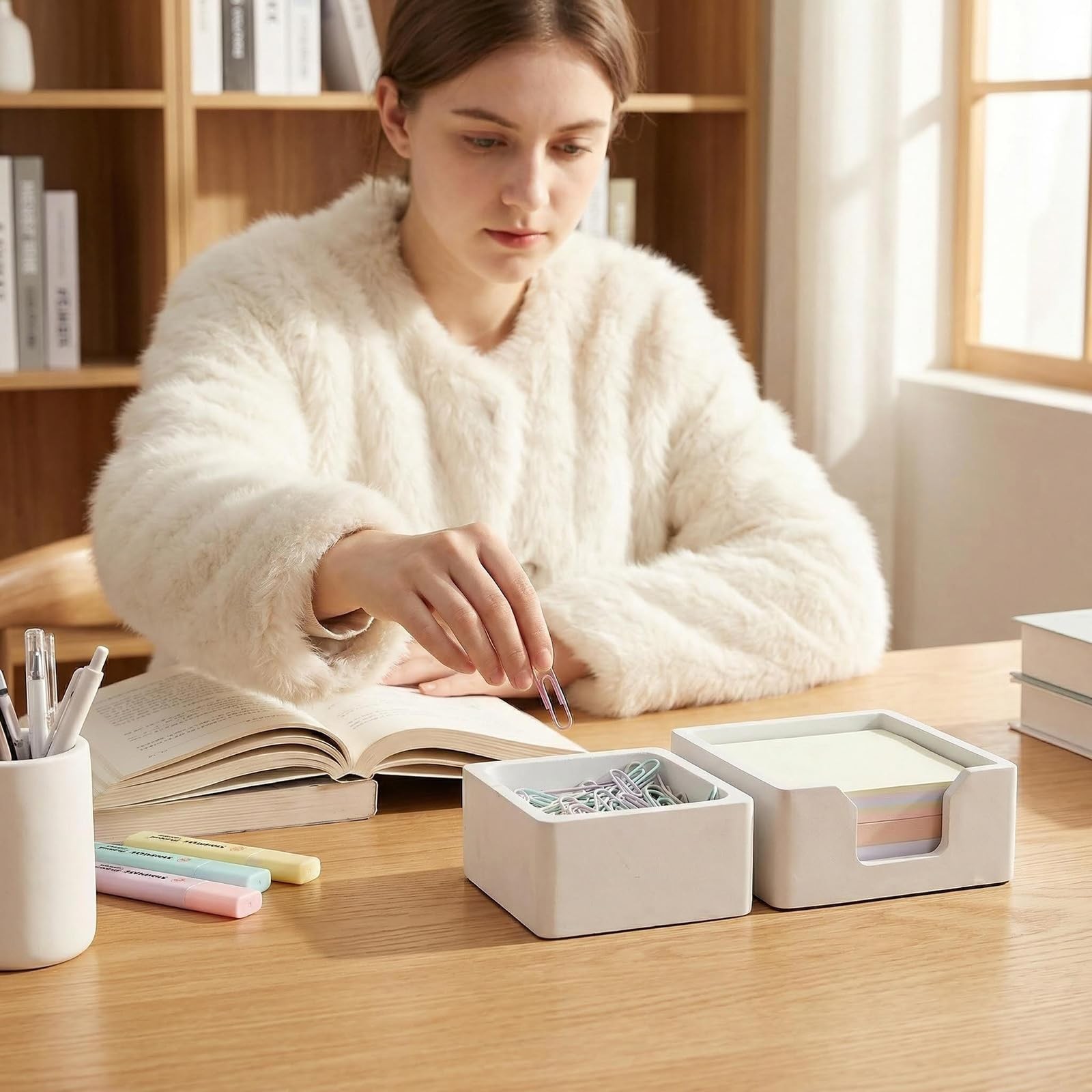 Concrete Desk Organizer Set of 2 – Minimalist Sticky Note Holder & Clip Dispe…