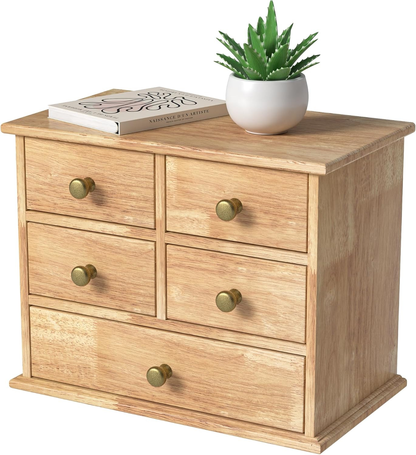 Oak Desk Organizer with Drawers, Wooden Desktop Storage Box with Metal Handles &