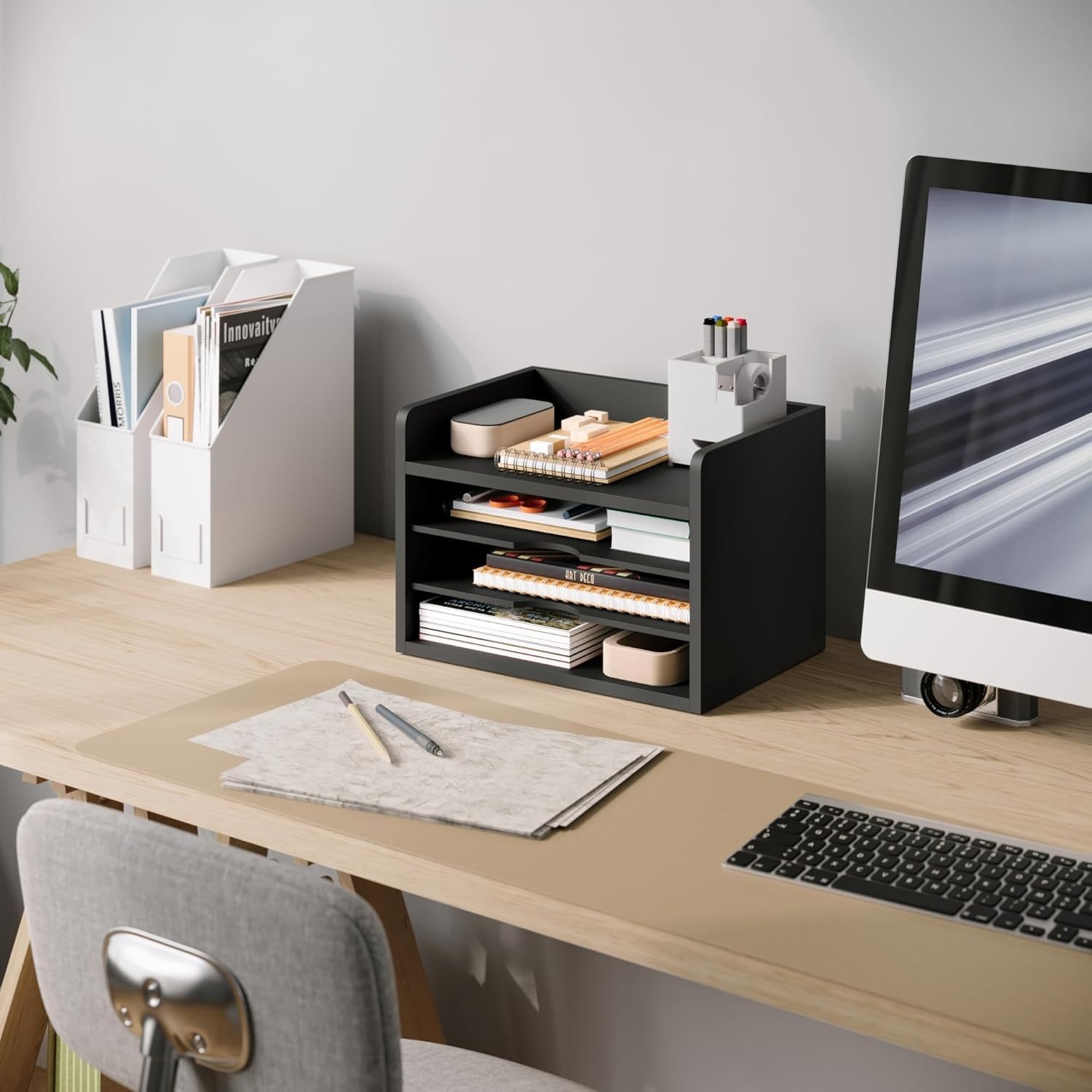4-Tier Modern Black Desk Organizer – Open Top Paper Tray for Stylish Offices