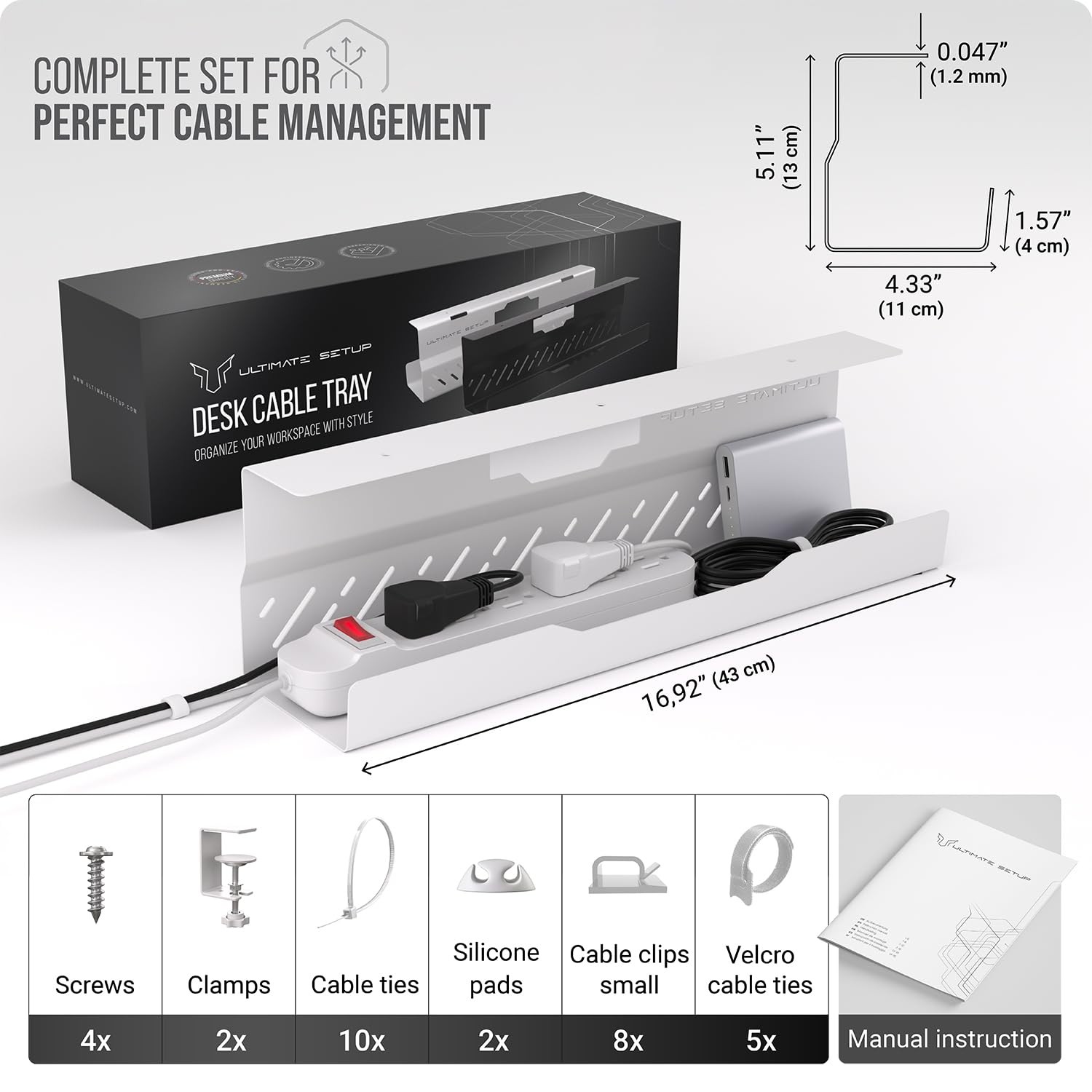 Under Desk Cable Management Tray no Drill – Wire 1 piece set, White