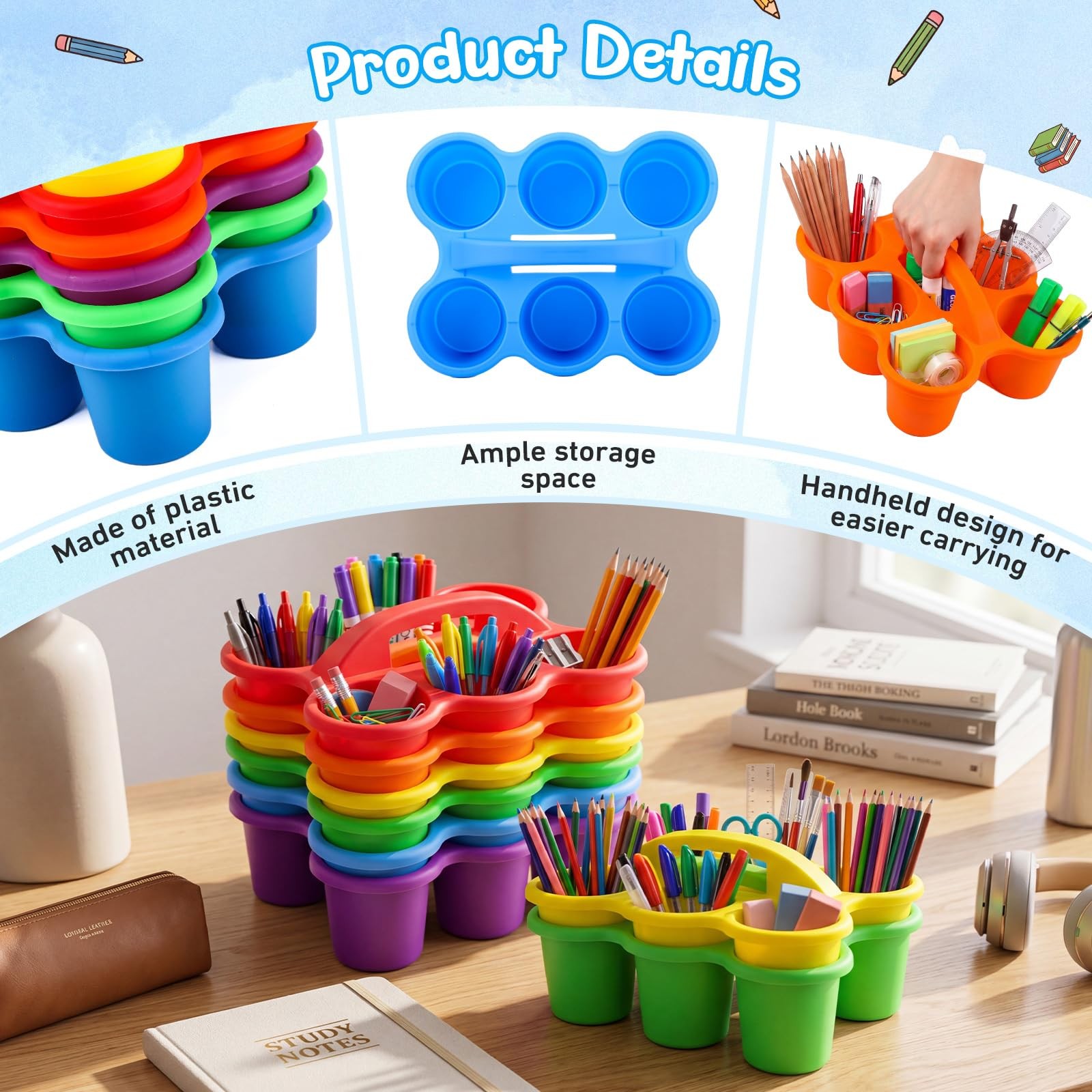 12 Pack Classroom Caddy, Stackable Plastic Caddy Storage Basket with Handle f…