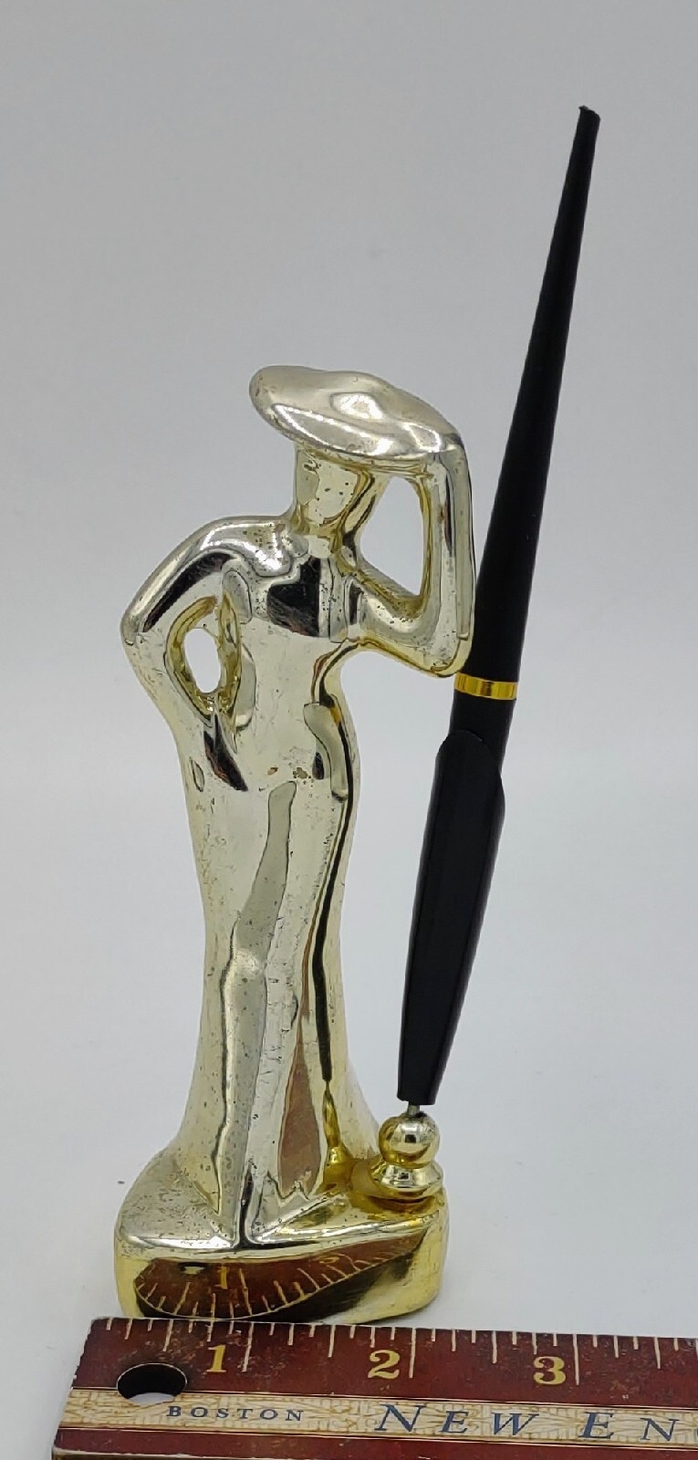 Vtg Art Deco Gold Ceramic Lady Pen Holder W/Fountain Pen 8″