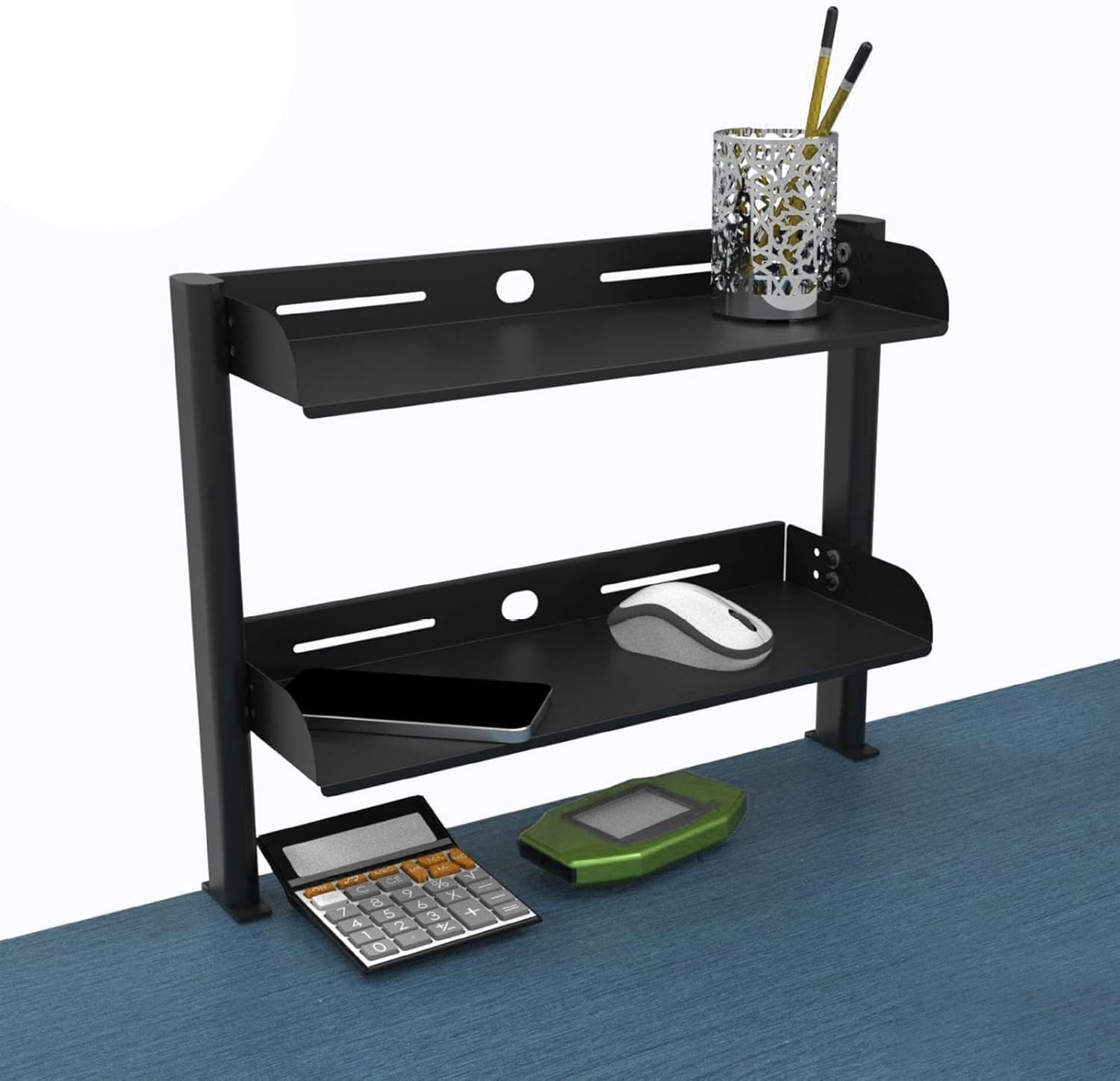 Desktop or Under-Desk Shelf Clamp-on 2-Tier Shelving W/ Adjustable Storage Tray