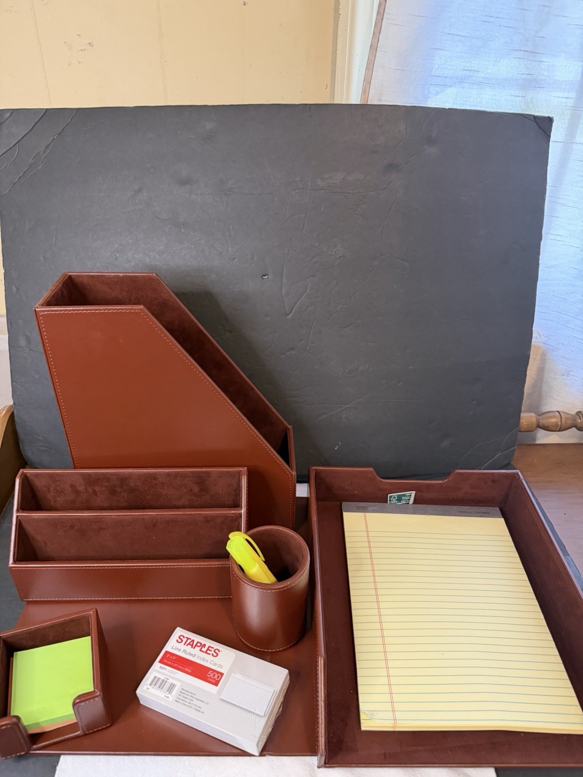 6pcs Wood OFFICE DESK ORGANIZER Workplace Set + Sticky Notes Index Card Preowned