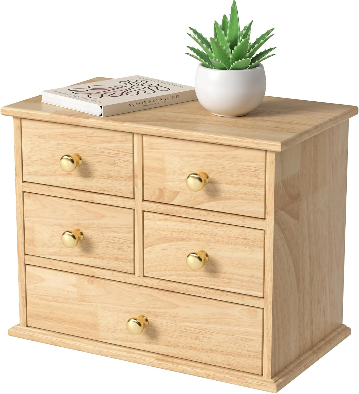 Oak Desk Organizer with Drawers, Wooden Desktop Storage Box with Metal Handles &
