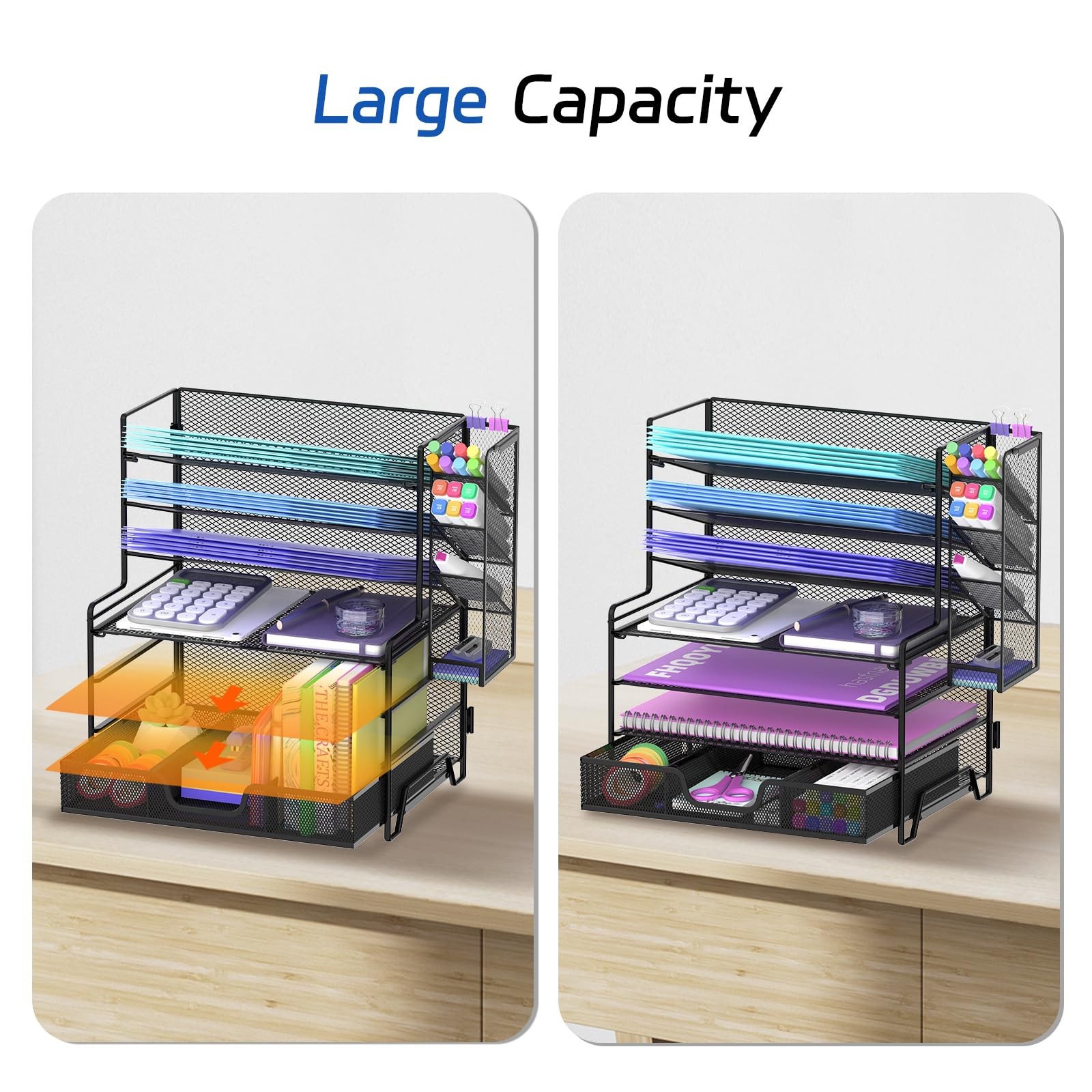 REEPLAN 4 Tier Desk Organizer + 3 7 with Pen Holder & Drawers, Black