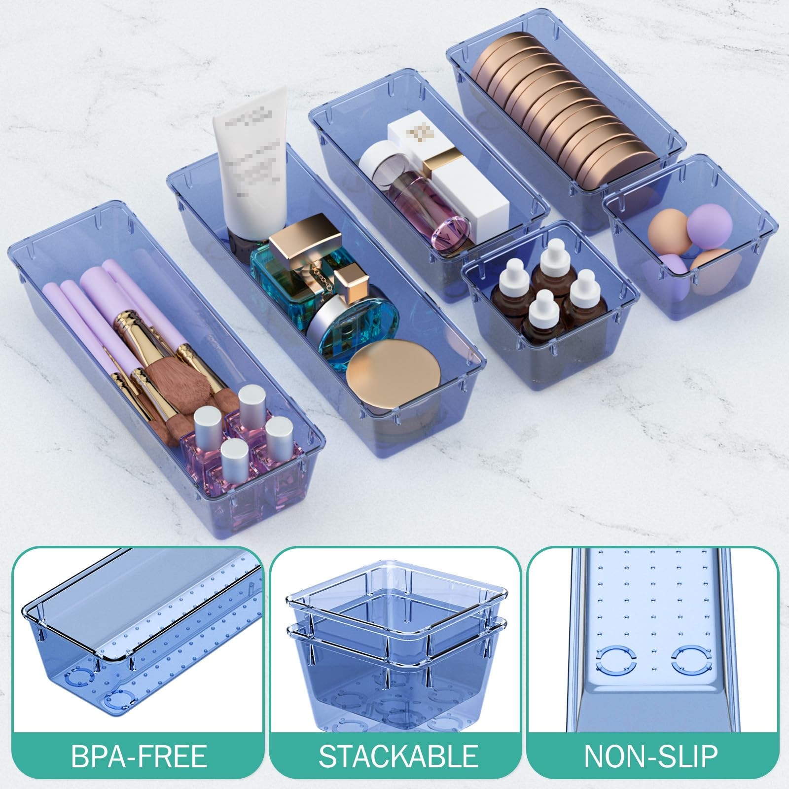6 Pack Clear Drawer Organizer Set, Acrylic Drawer Storage Trays, Storage Bins…