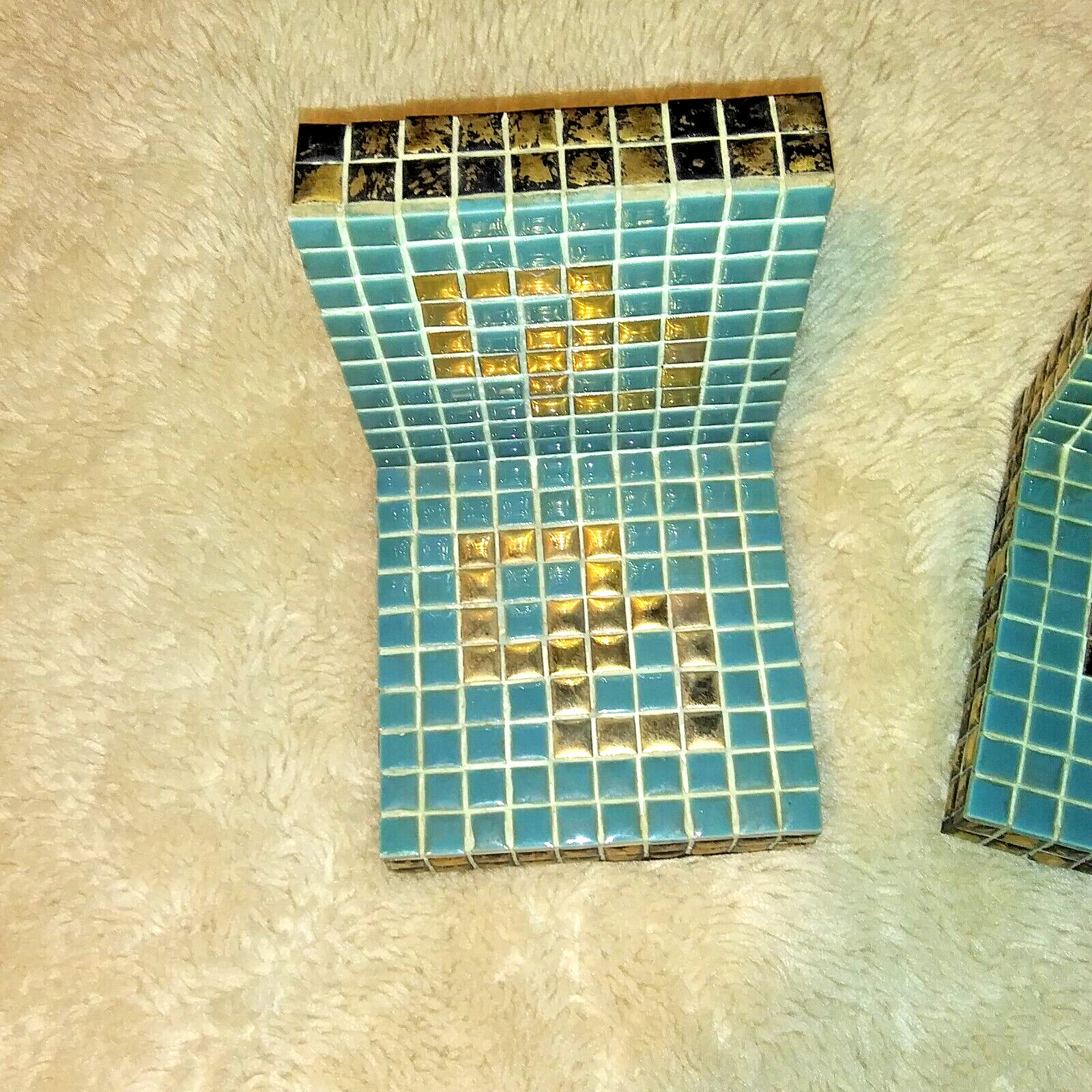 mosaic tile Book Ends robin egg blue and gold Checker decor