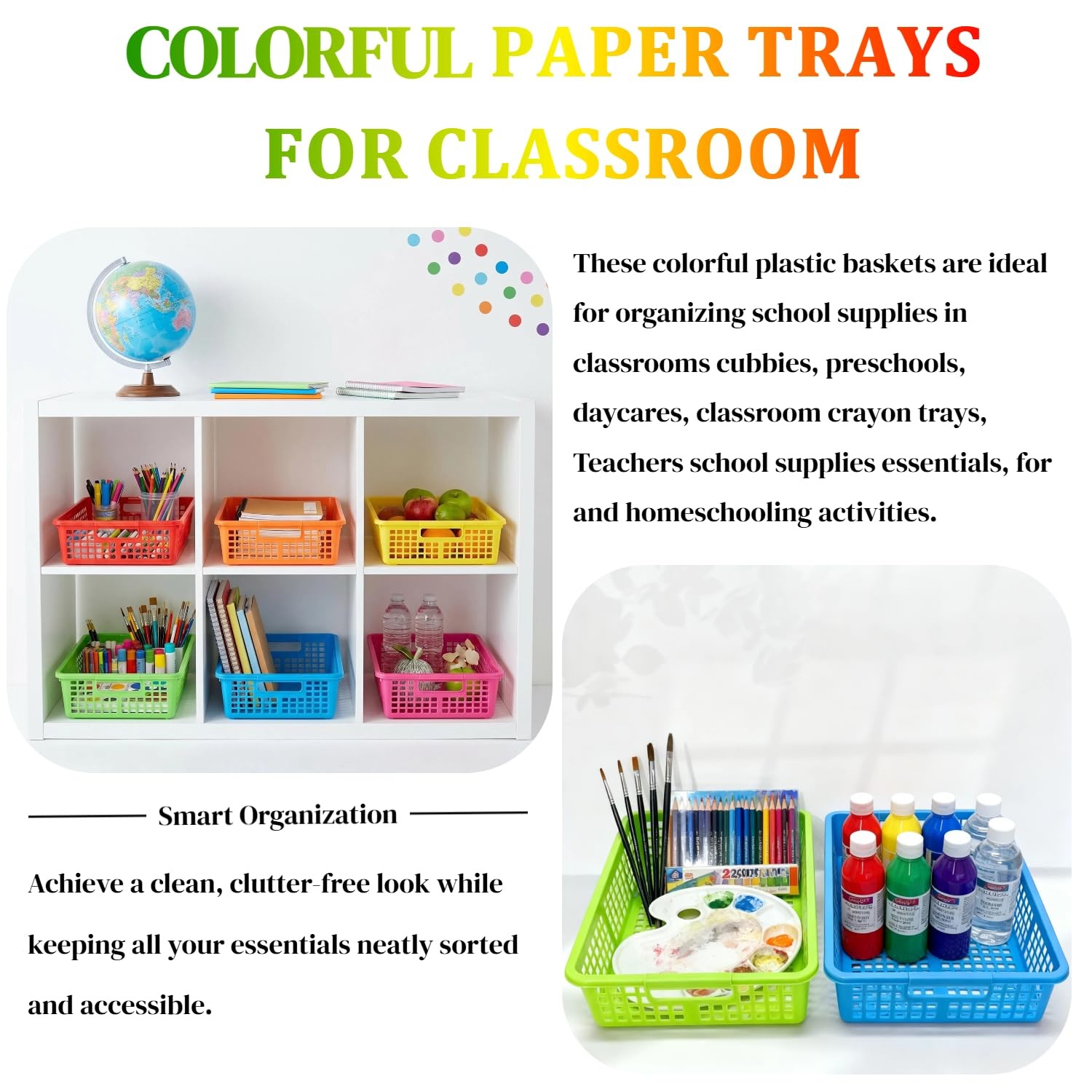 6 Pack Plastic Turn in Paper Trays for Classroom, Colorful Storage Bin Basket…