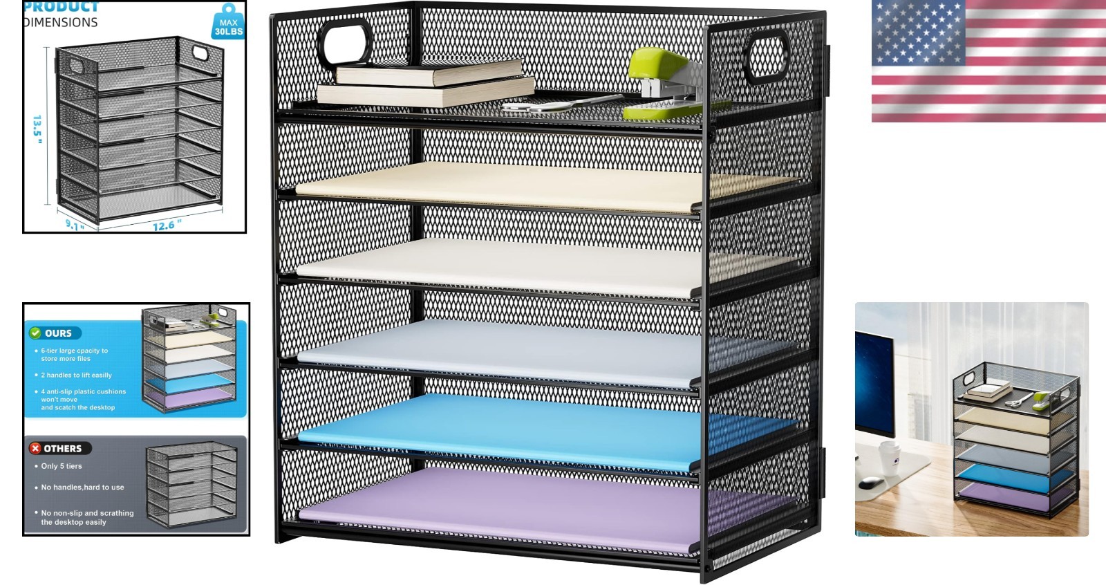 Lightweight 6-Tier Mesh Desk Organizer for Letter Sized Documents – Black Finish