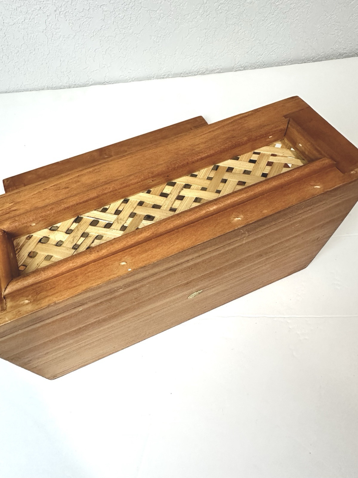 Vintage Brown Wicker & Wood Letter Holder Organizer Woven Rattan Bamboo 3 Slot