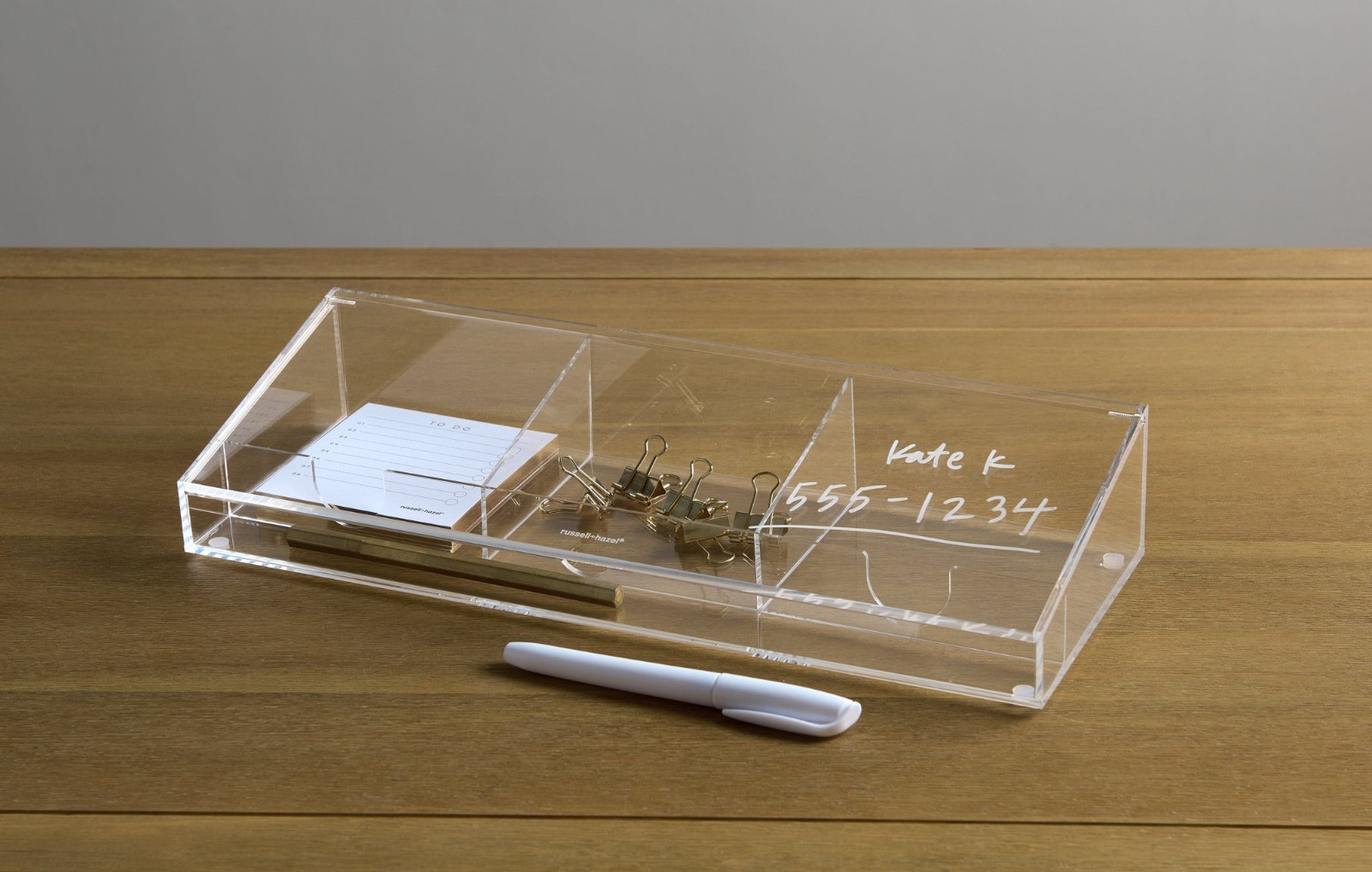 Russell & Hazel Acrylic Dry-Erase Desktop Organizer 2-1/2”H x 14”W x 5”D Clear
