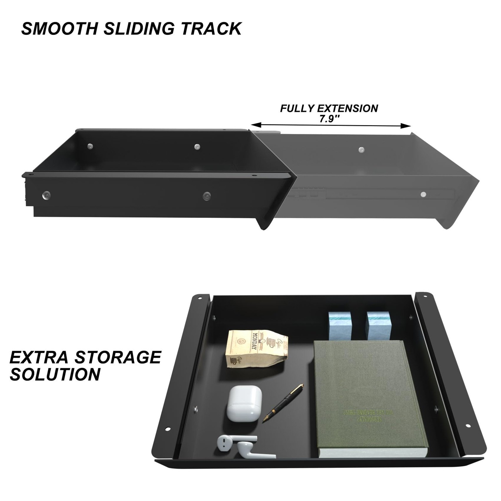 Under Desk Mounted Sliding Drawer with 60 Degree Tilt Panel to Pull Out, 15”…