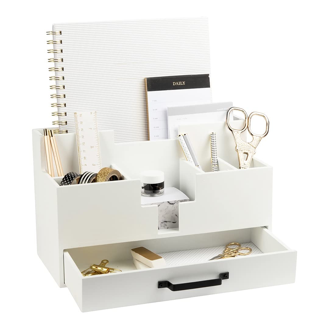 BLU MONACO | White Wood Desk Organizer with Drawer | 7 Comprtment,