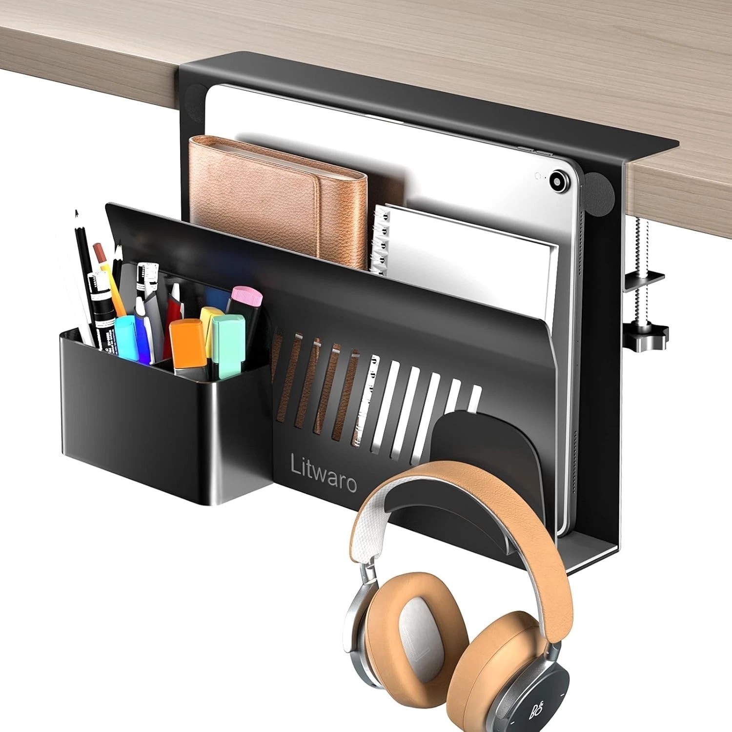 Multifunctional Desk Side Storage with Magnetic Pen Holder & Headphone Hook