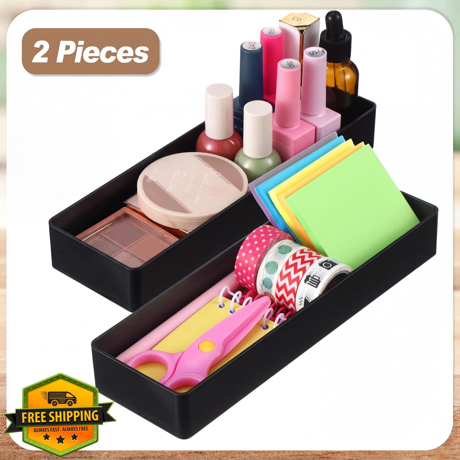Teling 2 Pcs Black Rectangular Desk Organizer