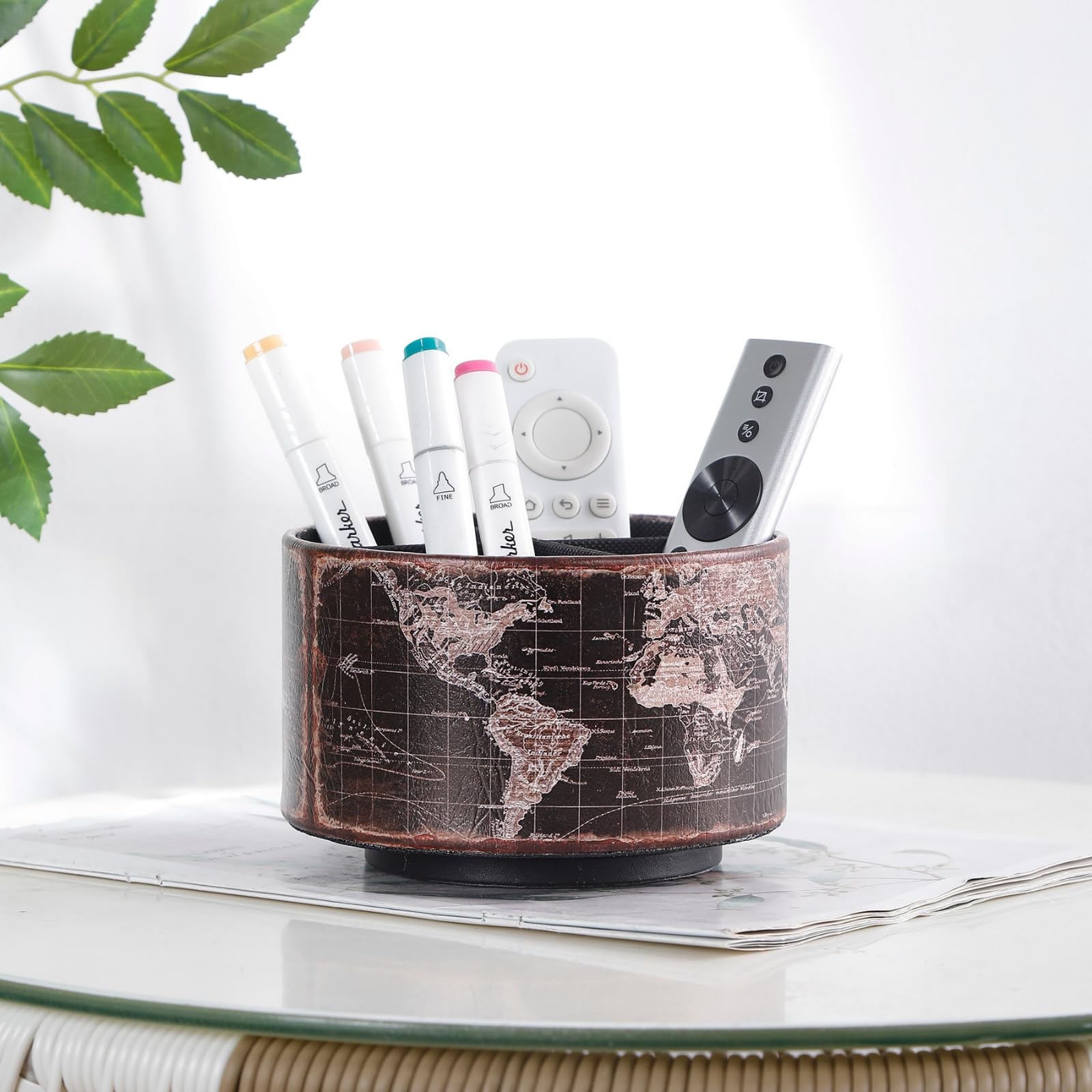 Vintage World Map Remote Control Holder, 360 Degree Rotating Desk Organizer a…