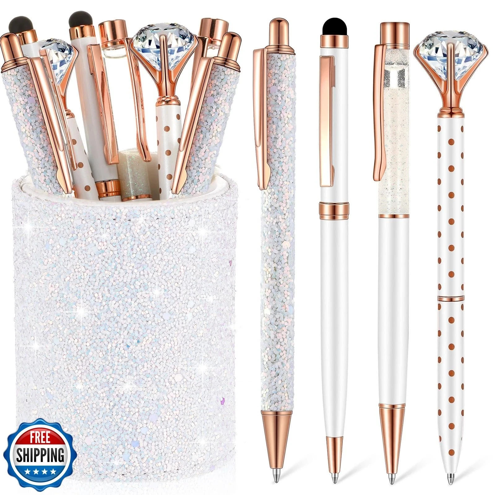 Sabary 8 Pcs White Pens with Pen Holder for Desk Glitter Crystal