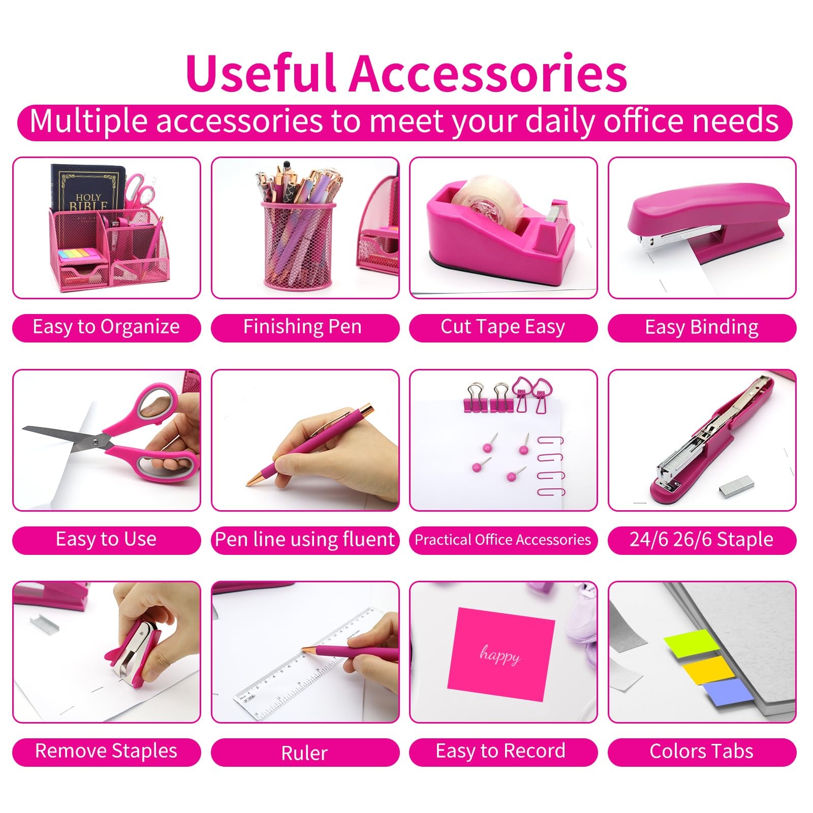 12 in 1 Hot Pink Desk Organizers and Accessories Set, Gifts for Coworkers Wom…
