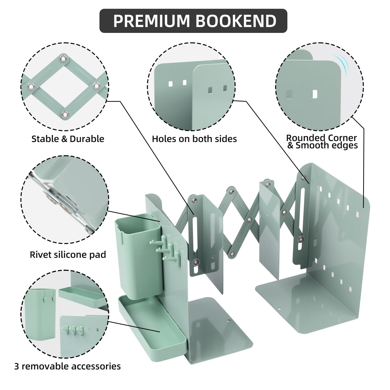 ALKALO Adjustable Bookends, 19″ Metal Book Ends for Heavy Books, 2 Green