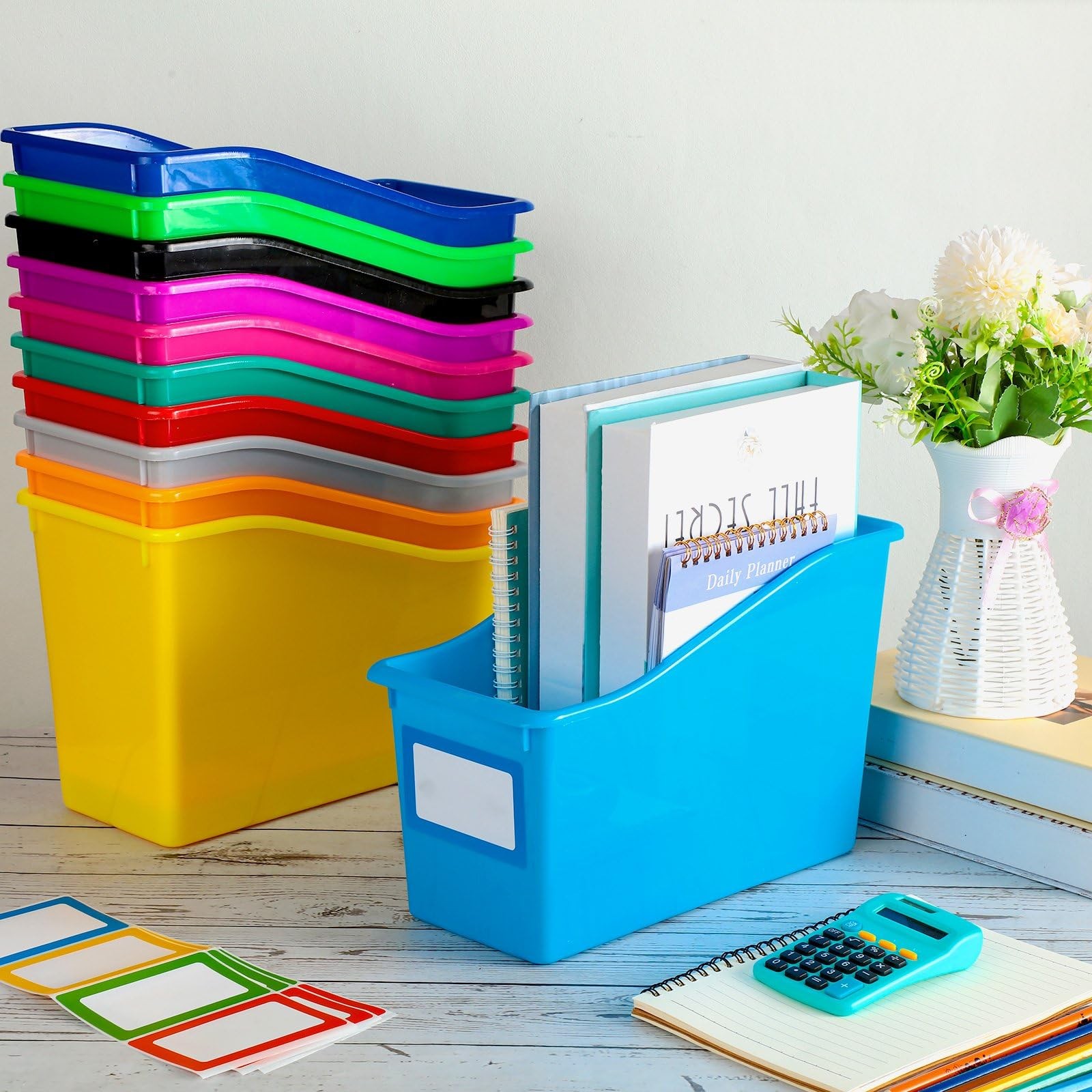 24 Pack Multicolor Book Bins for Classroom Decor Bulk Plastic Bins with Name …