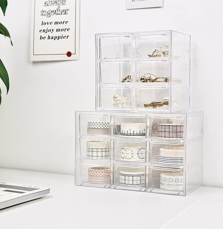 JIAFUJIN Mini Desktop Drawer Box 9 Compartments Plastic Desk Organizer Clear