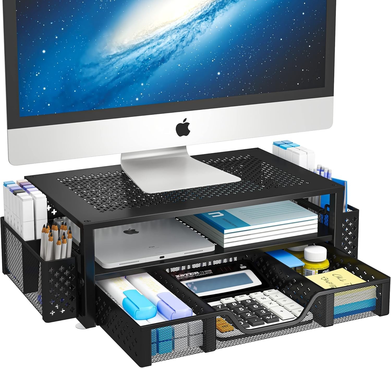 2-Tier Black Metal Monitor Stand Riser with Drawer – Ergonomic Desk Organizer