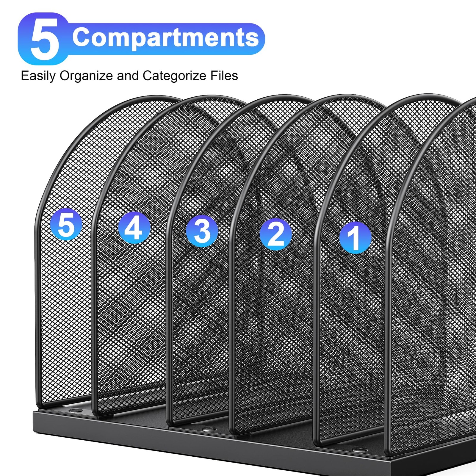 Desktop File Organizer with 5 Compartments Office Paper Holder Black