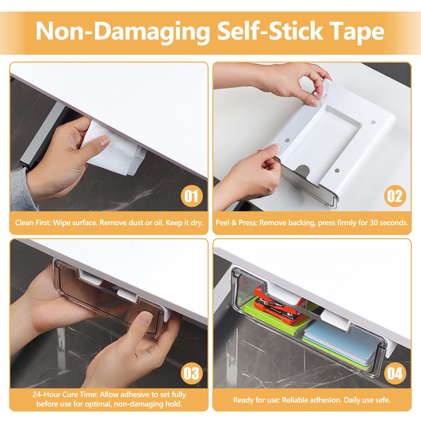 ACUDUDOMA Under Desk Storage Drawers Self-Adhesive Easy 2 Pack, Clear&White