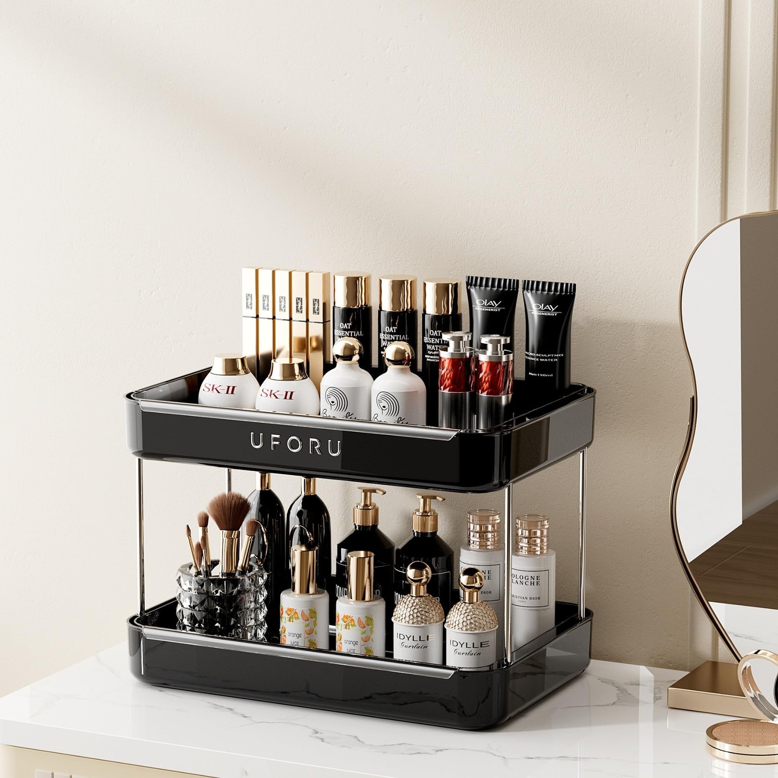 UFORU Countertop Coffee Station Organizer, 2 Tier Wine Glass 2 Tier, Black