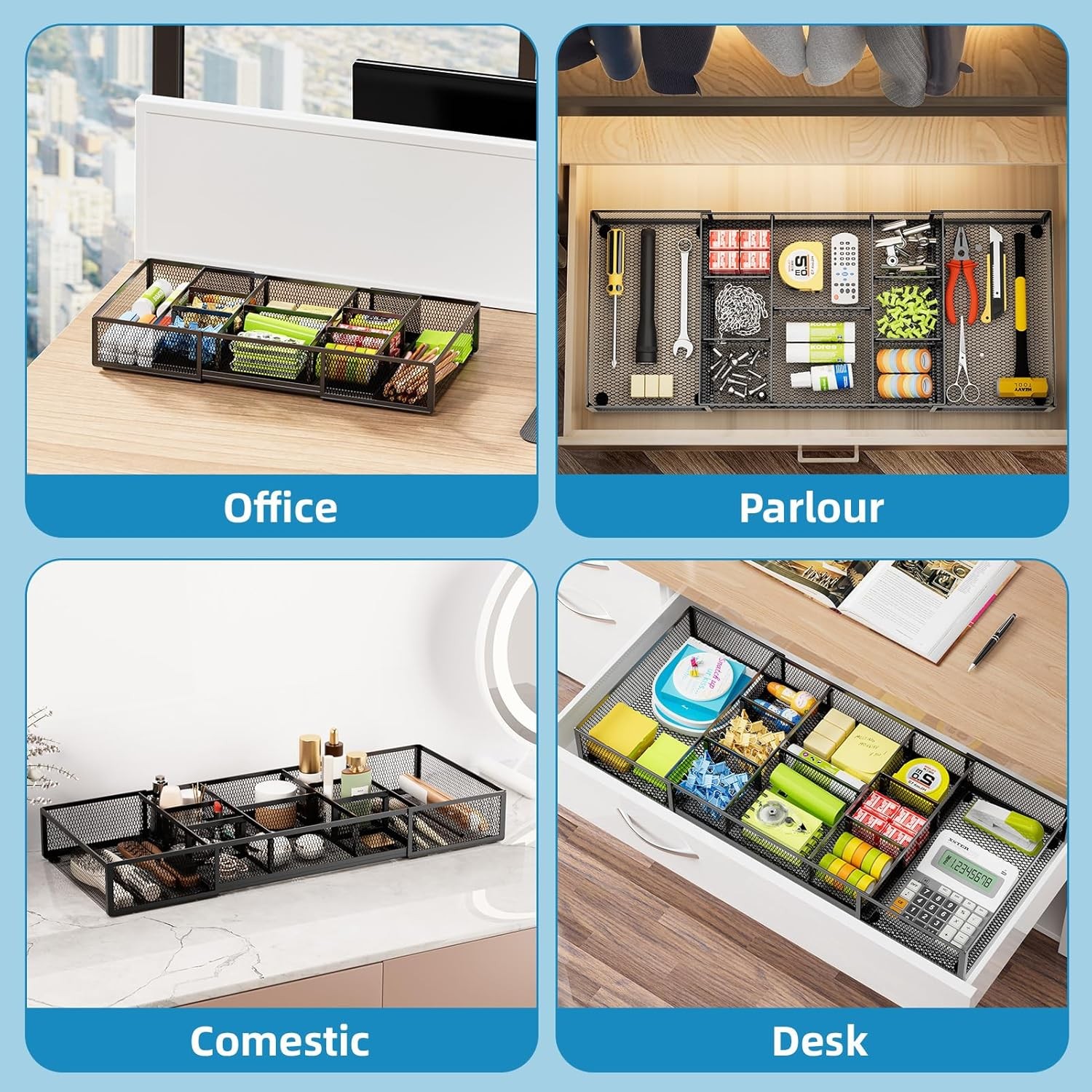 Expandable Desk Drawer Organizer, Mesh Drawer Organizer Tray with 10 Compartment