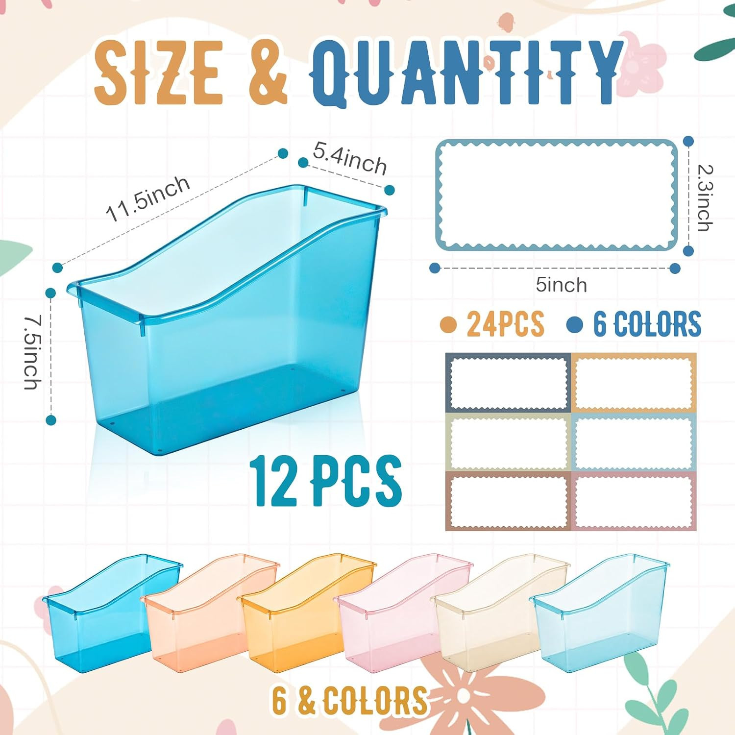 12 Pcs Book Bin for Classroom with Labels Stackable Plastic Organizing Bins 11.5