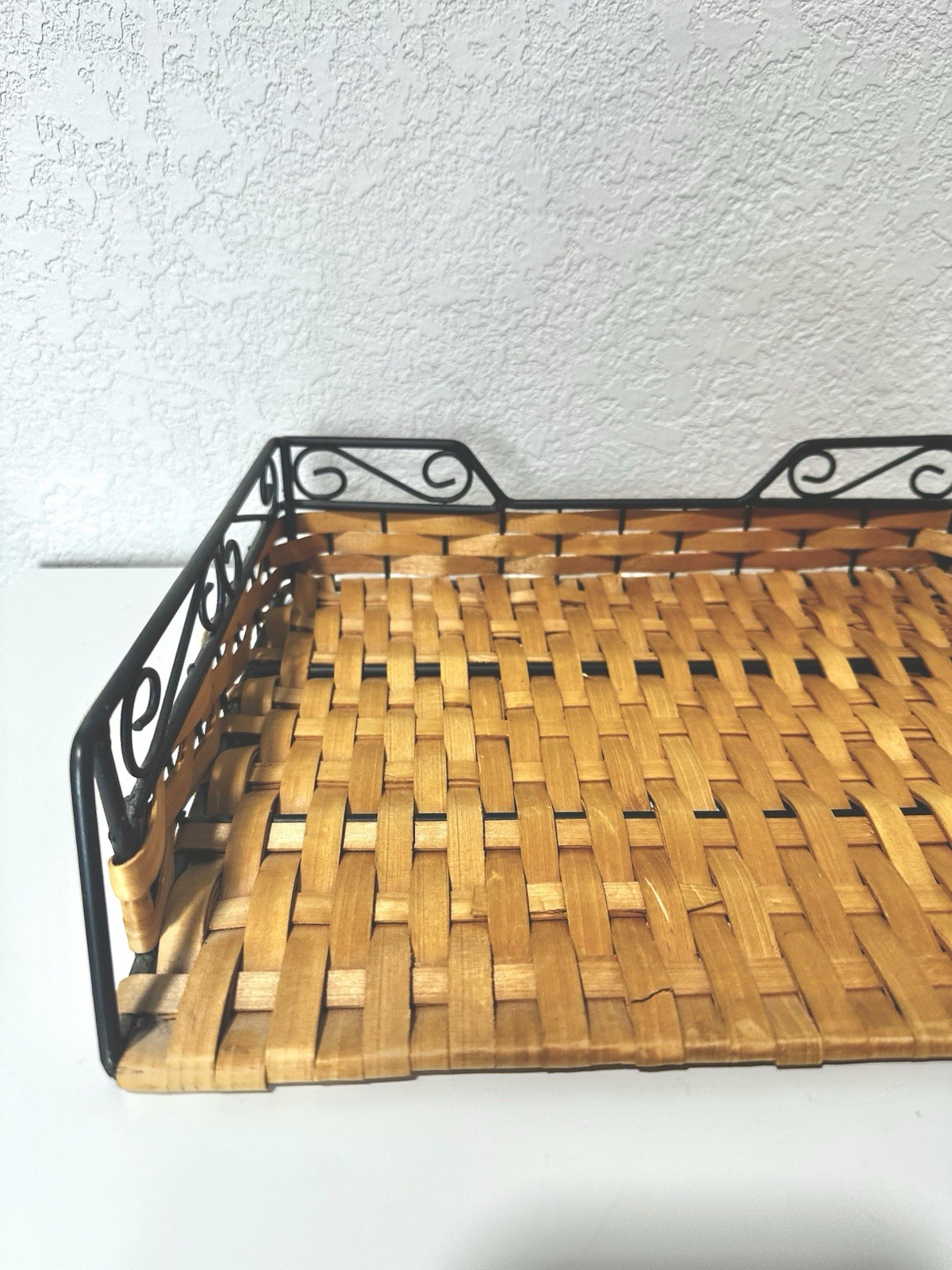 Letter Holder Wicker and Black Metal Desktop Tray Organizer Rustic
