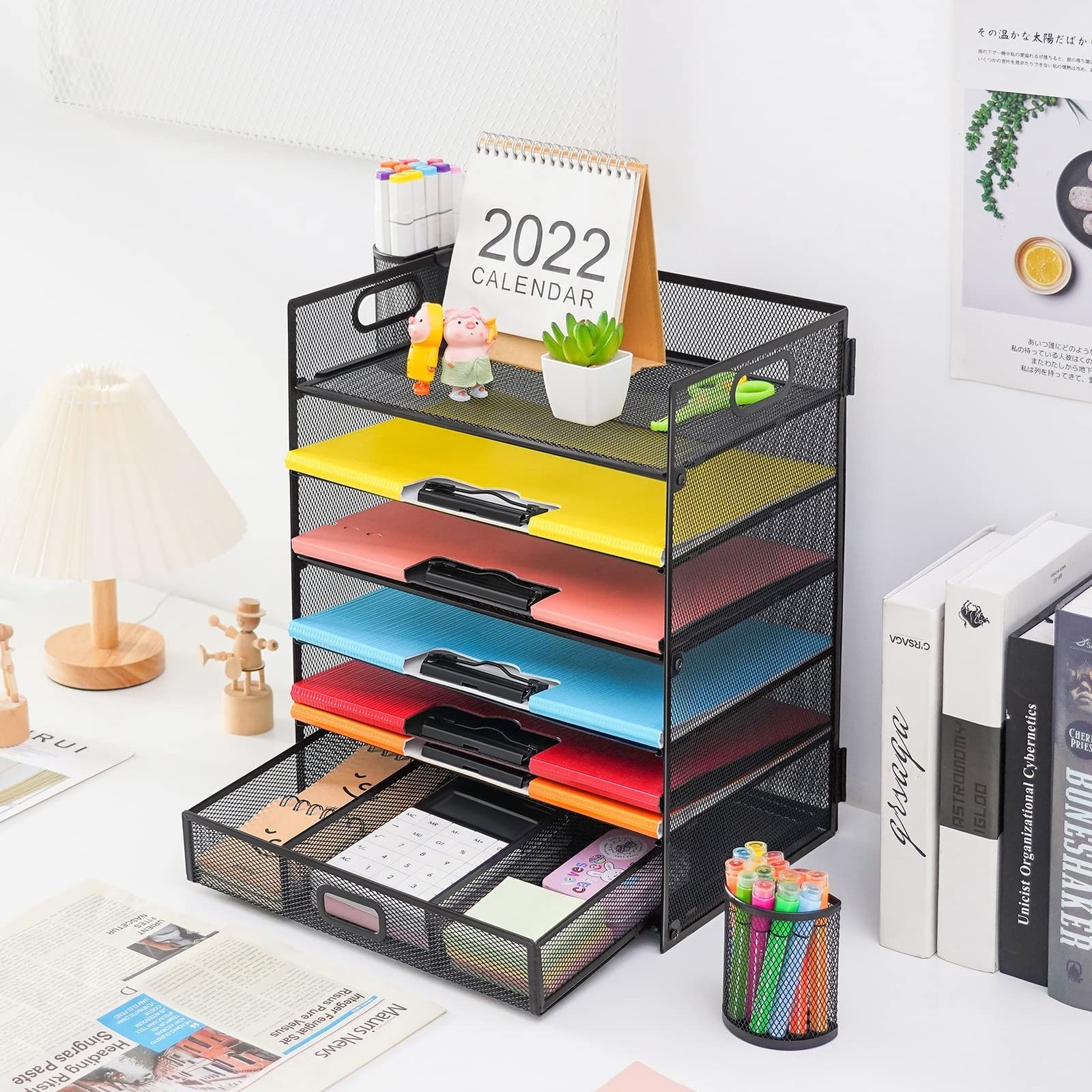 Lavatino 6 Tray Paper Organizer Letter Tray with Drawer – Mesh Desk File Orga…