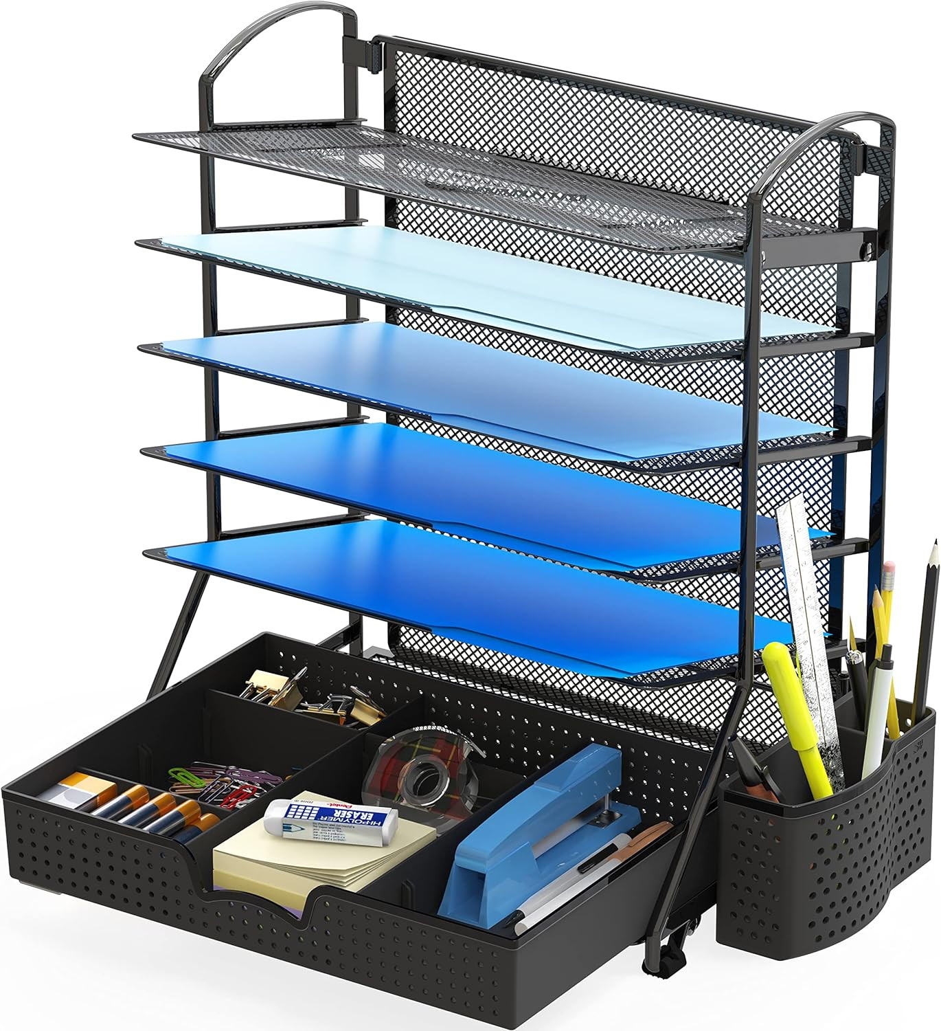6-Tier Desk Document File Tray Organizer with Supplies Sliding Drawer, Black