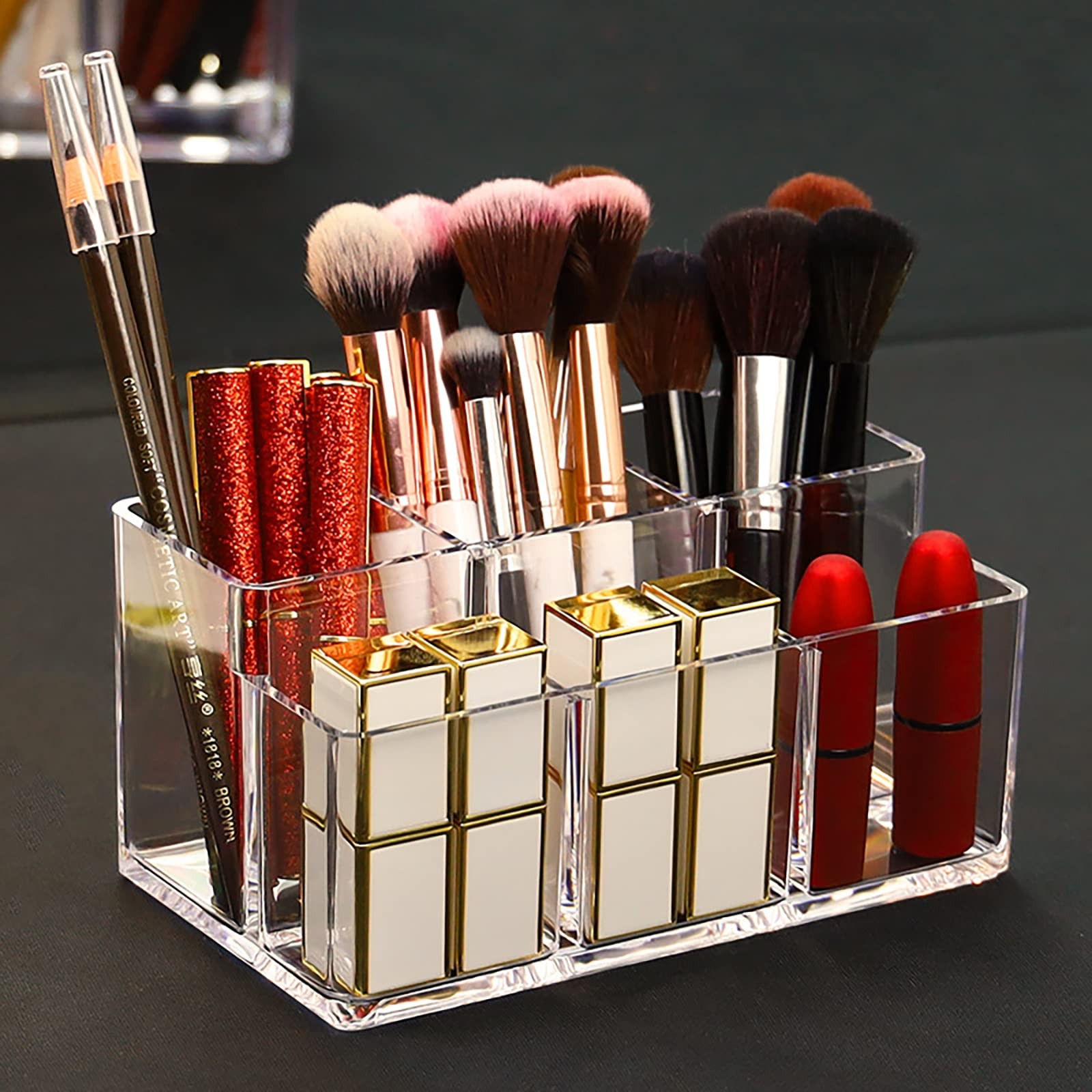 Foraineam 2 Pack Acrylic Makeup Brushes Holder with 6 Slots, Clear Pen clear
