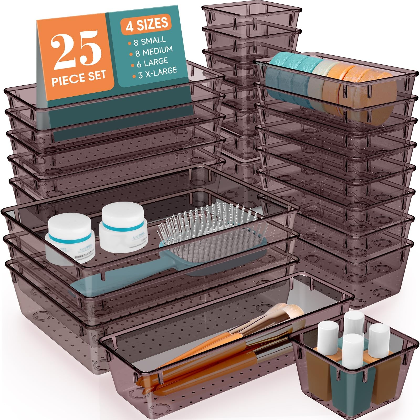 25~Piece Desk Drawer Organizer Set, 4 Sizes, Clear Brown Storage Bins