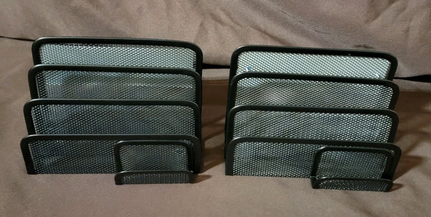 2 Desktop Black Metal Mesh LETTER SORTERS W/ BUSINESS CARD HOLDER Staples 11996